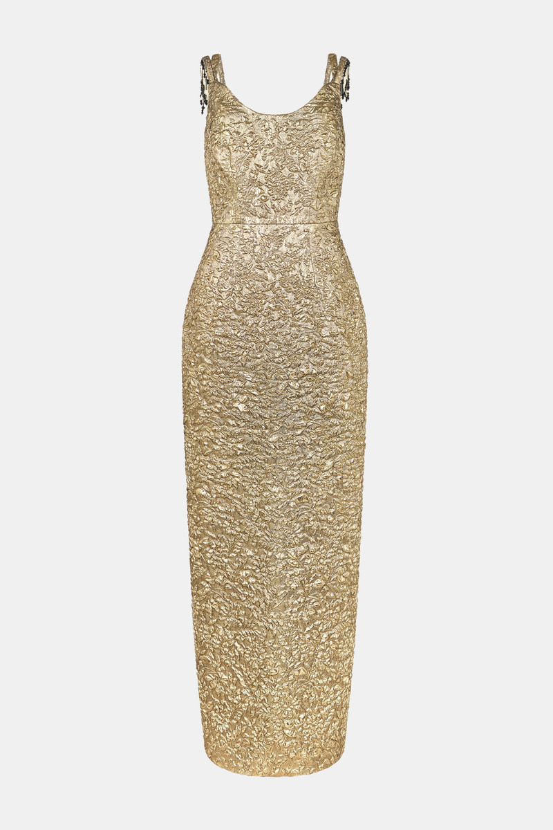 Morphita Dress In Gold Double Warp Floral 1