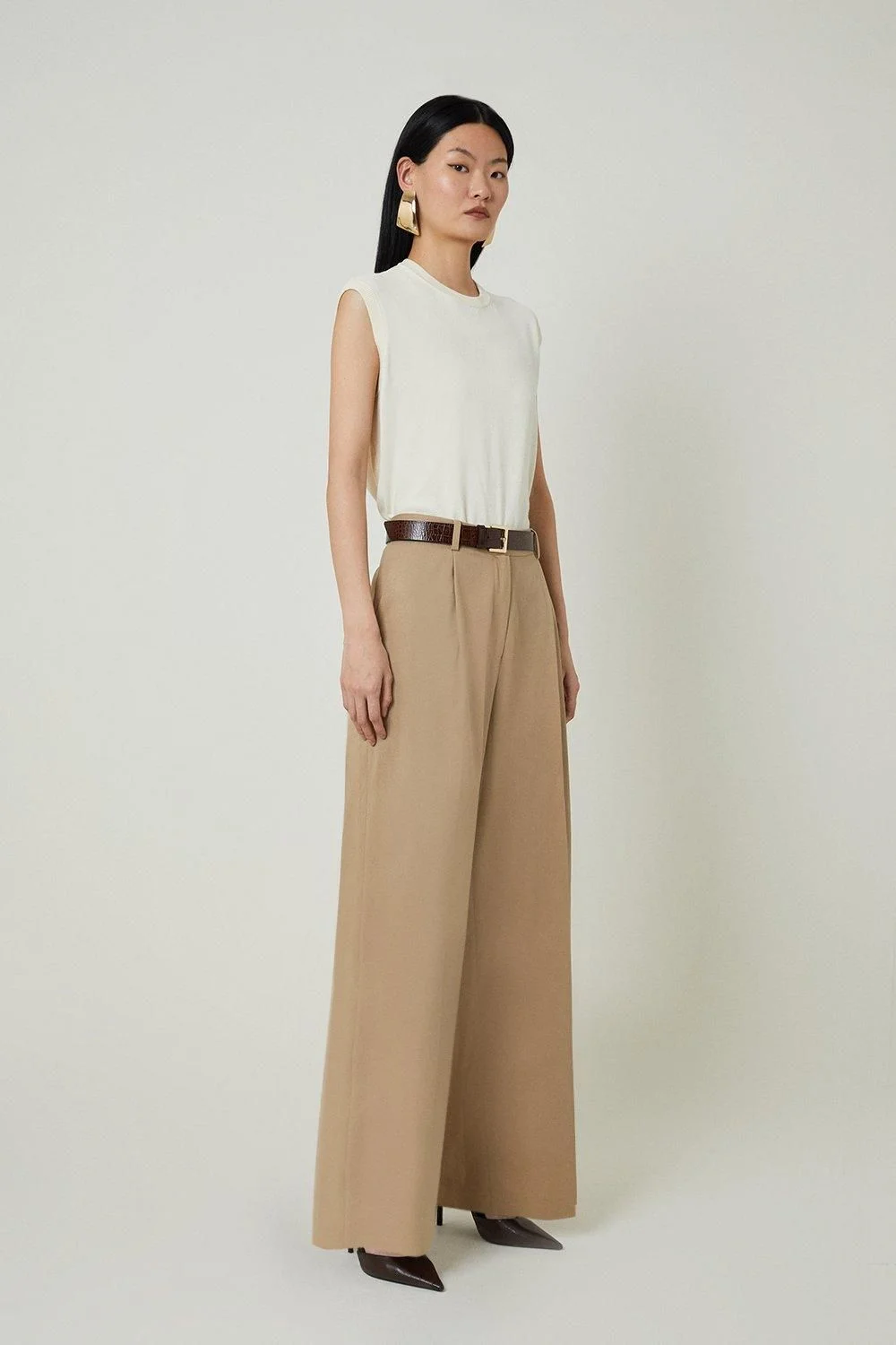Tencel Cotton Pleated Wide Leg Tailored Trousers - 1
