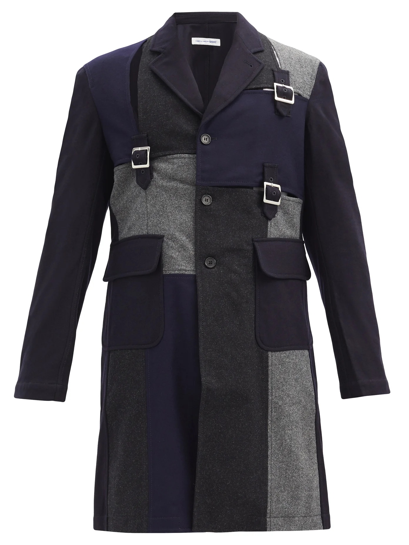 Cutout, buckle and patchwork wool-twill coat - 1