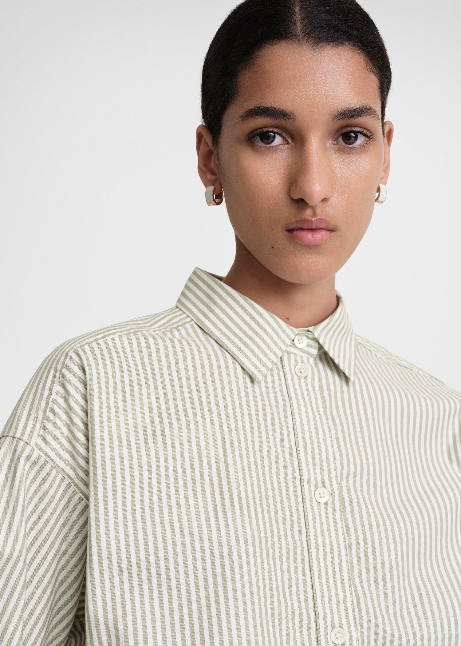 Striped half-placket shirt olive/ecru - 5
