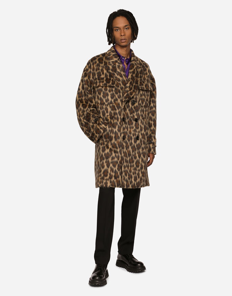 Double-breasted wool jacquard coat with leopard design - 4