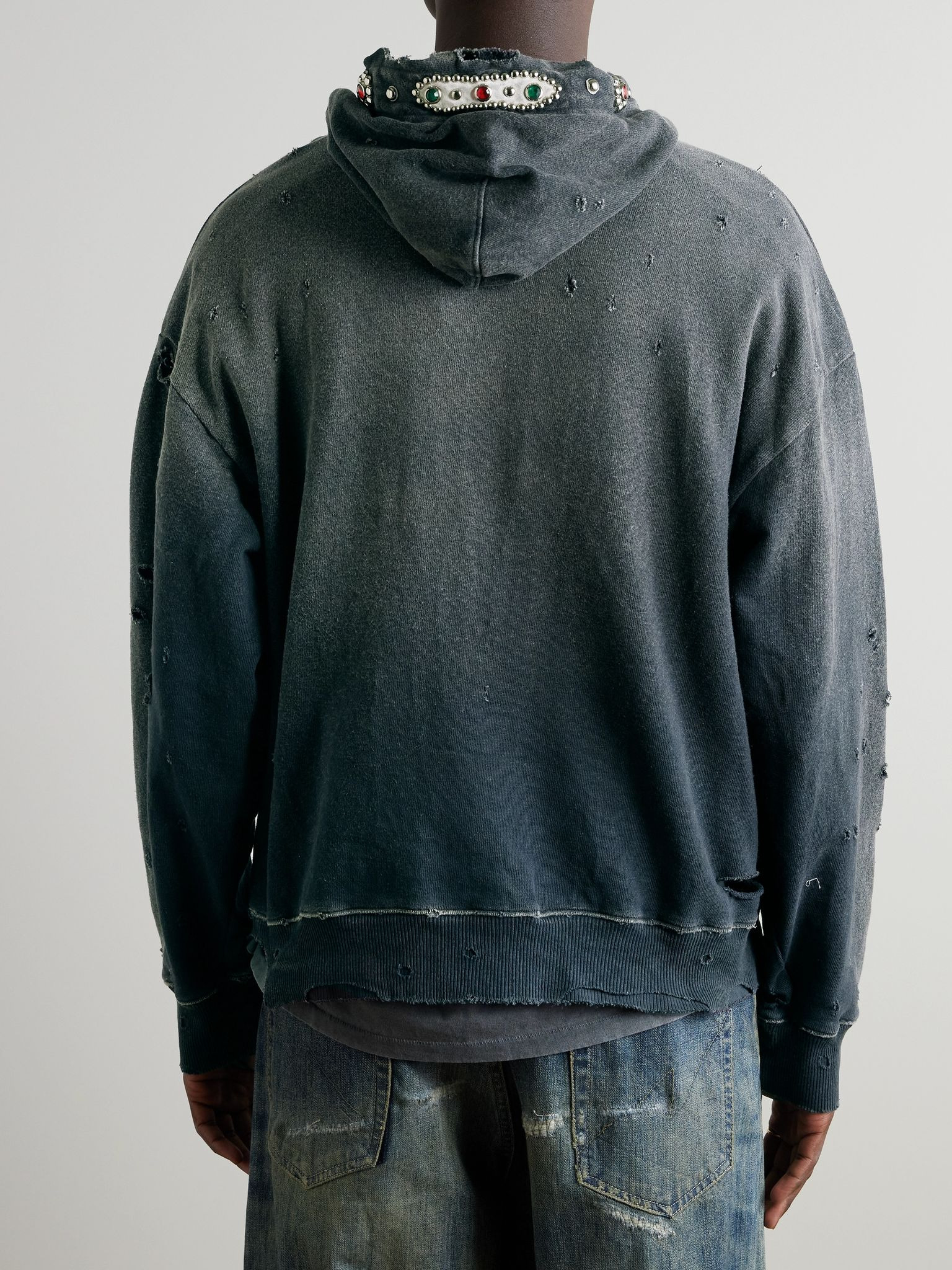 Embellished Suede-Trimmed Distressed Cotton-Jersey Hoodie Gray - 3