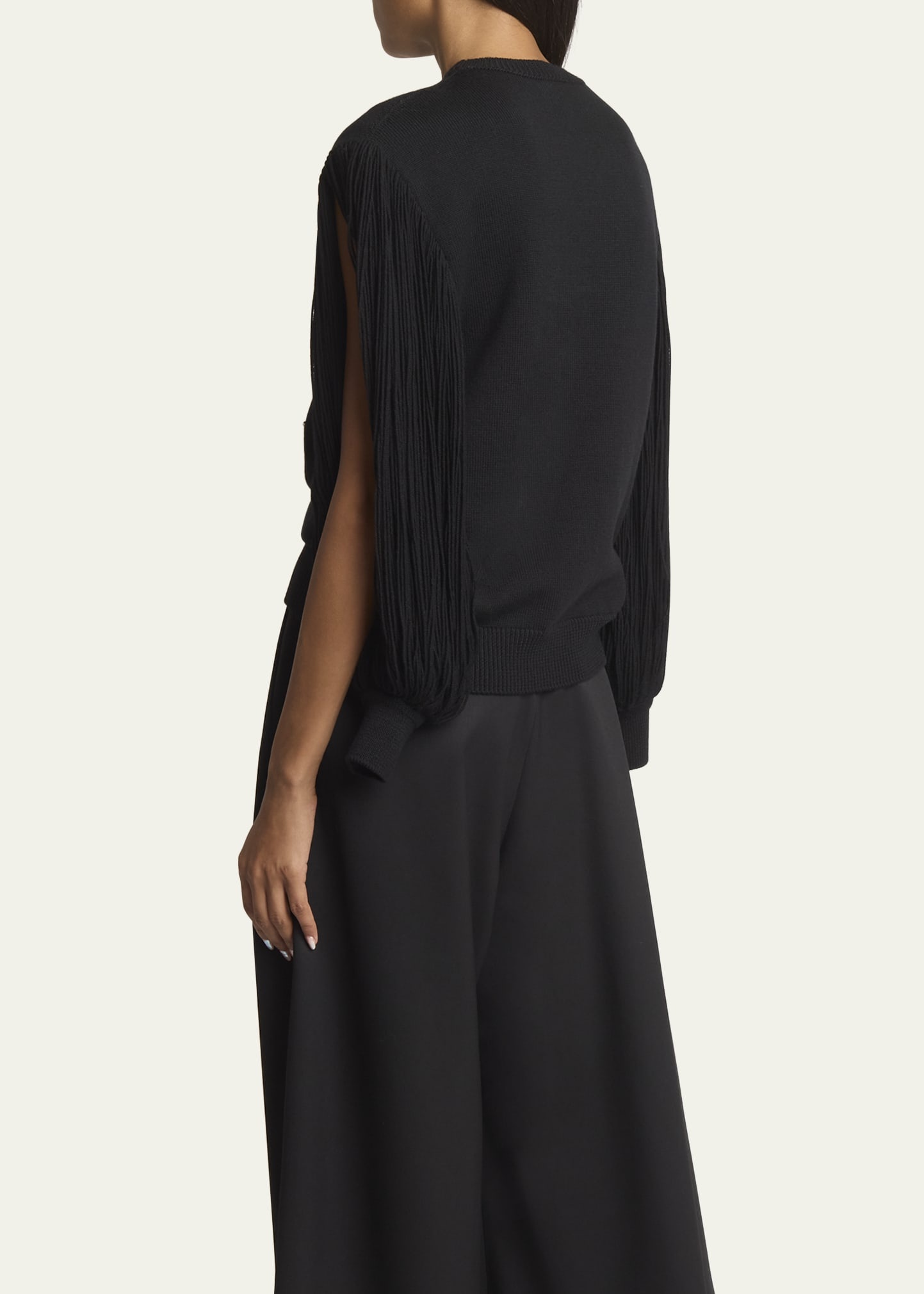 Slit Fringe Sleeve Wool Crewneck Sweater - 3