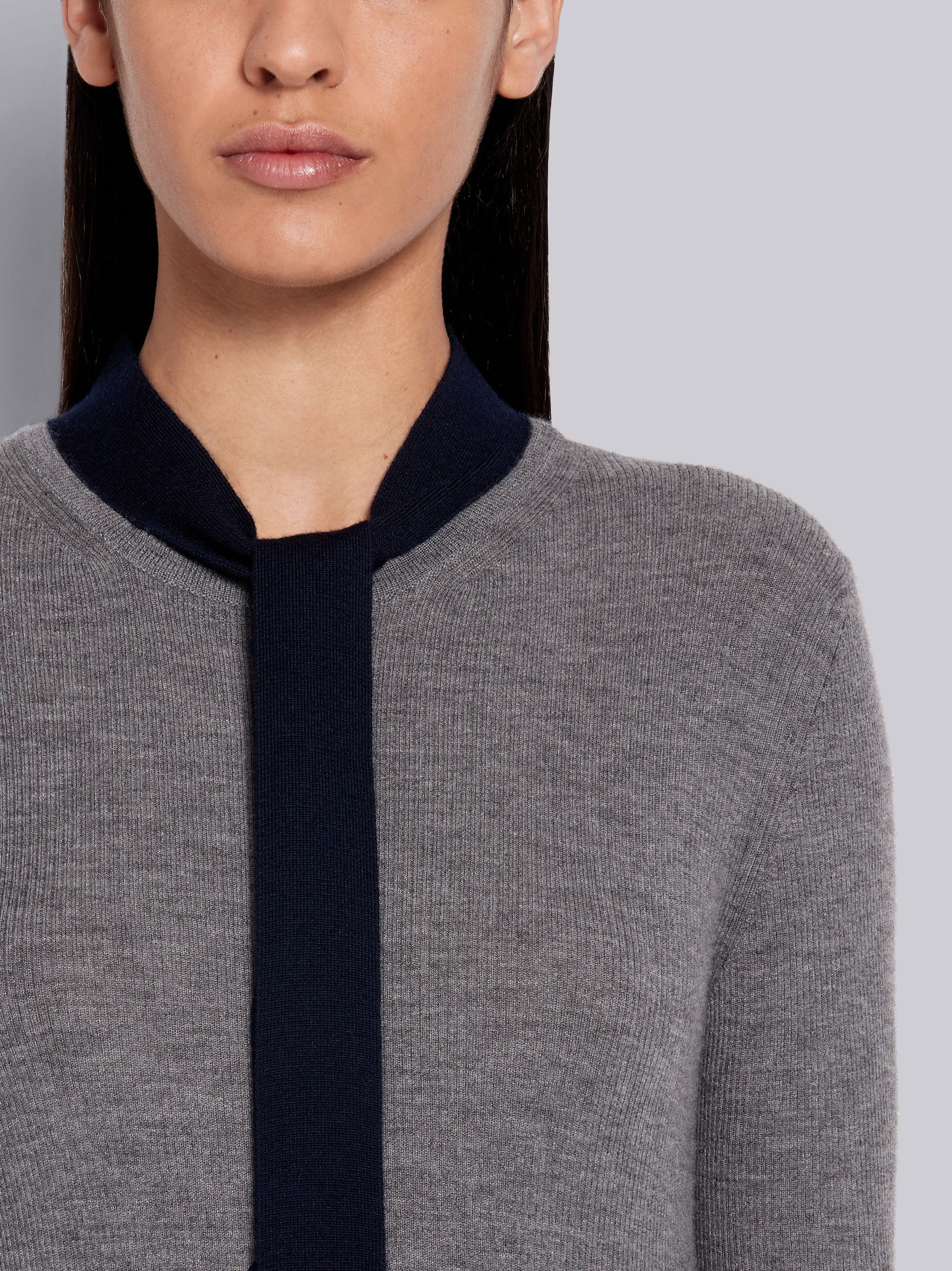 Medium Grey Cashmere Rib Neck Tie Crewneck Pullover - 5