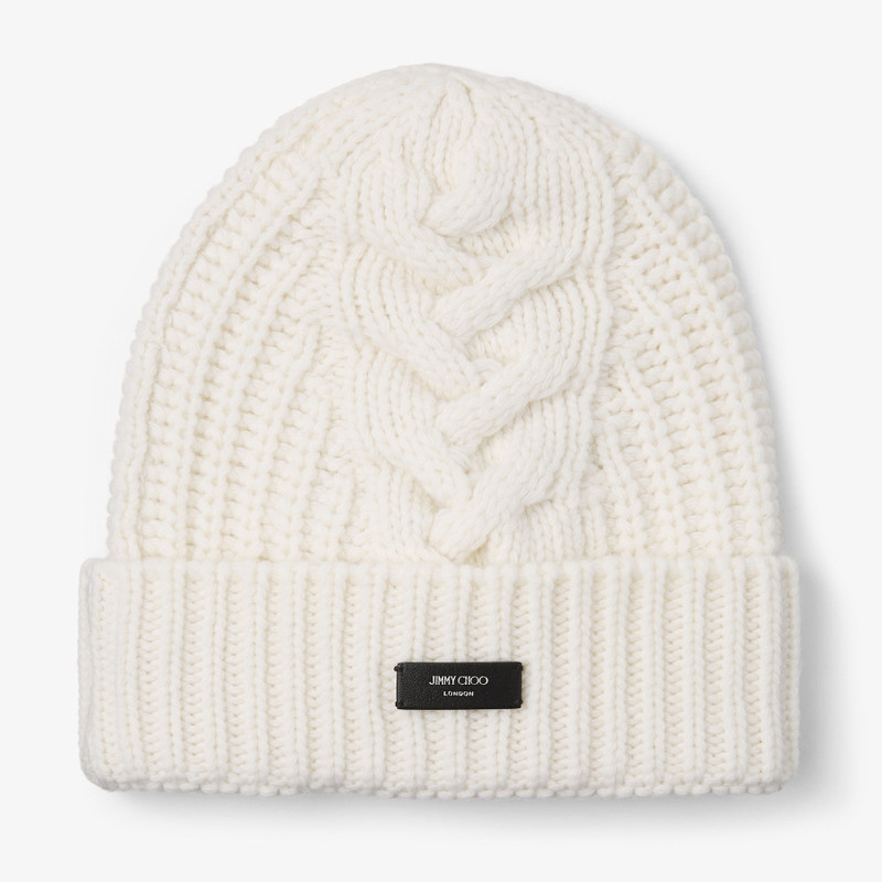 Yuki Cable Latte Cable Knit Beanie with Leather Logo Tag 1
