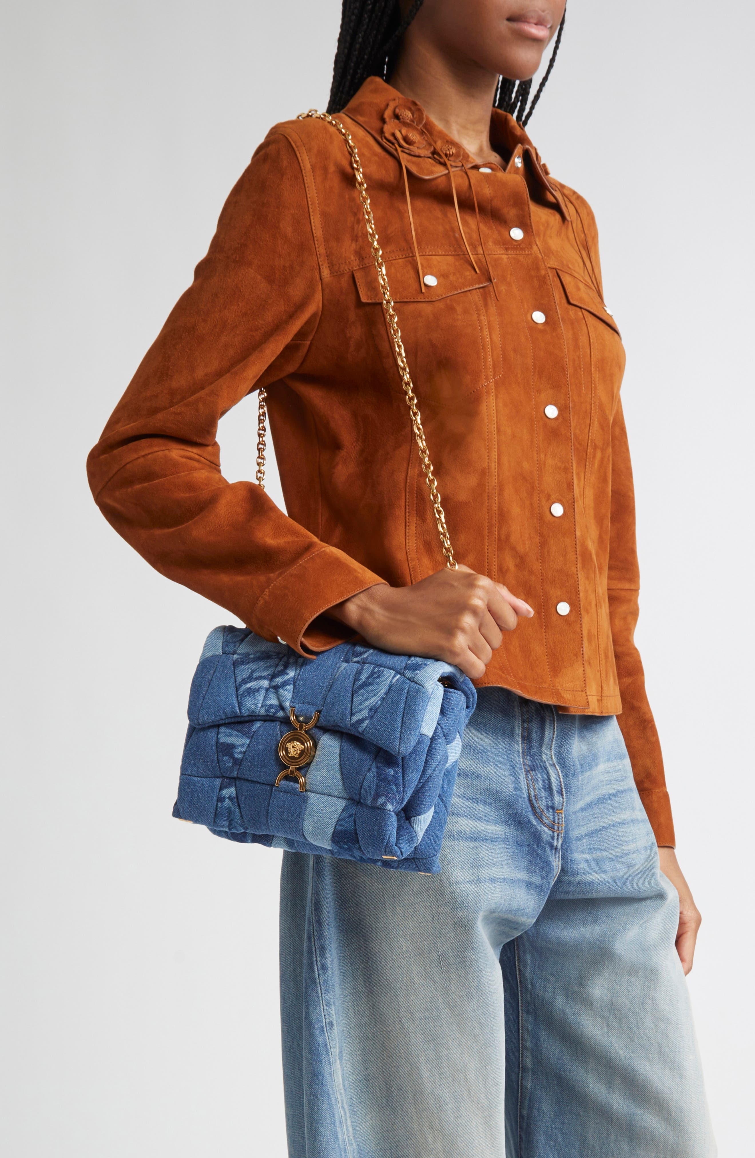 Versace Medusa 95 Quilted Patchwork Denim Shoulder Bag in Blue Versace Gold at Nordstrom - 2