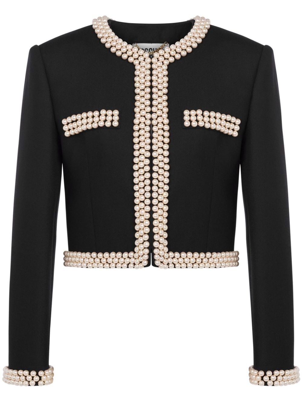 faux pearl-embellished virgin wool blazer - 1