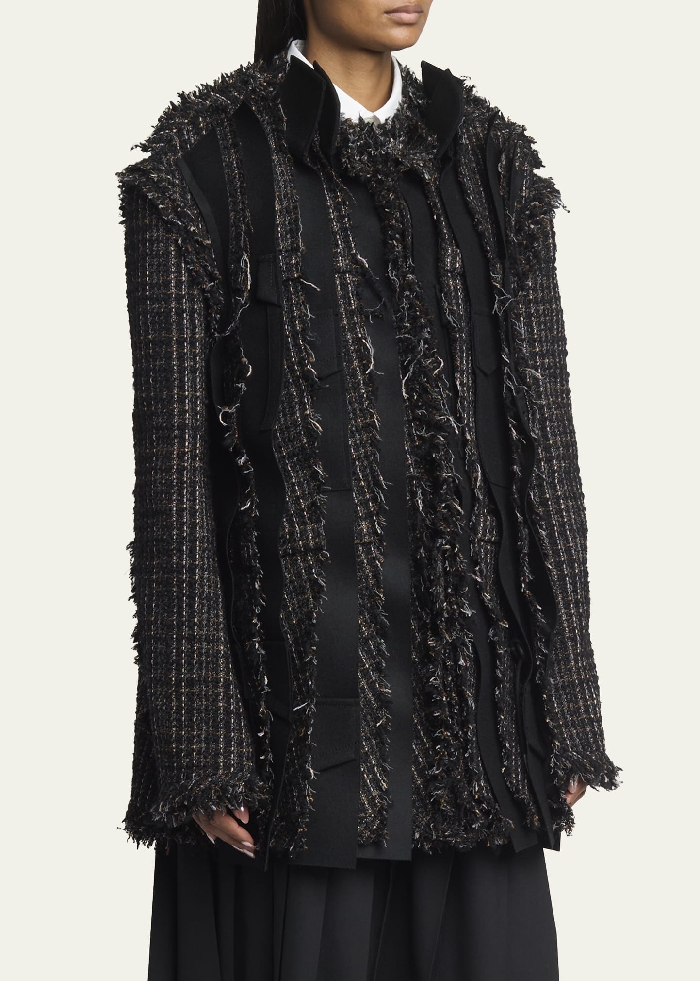 Fringe Layered Tweed Wool Coat - 4