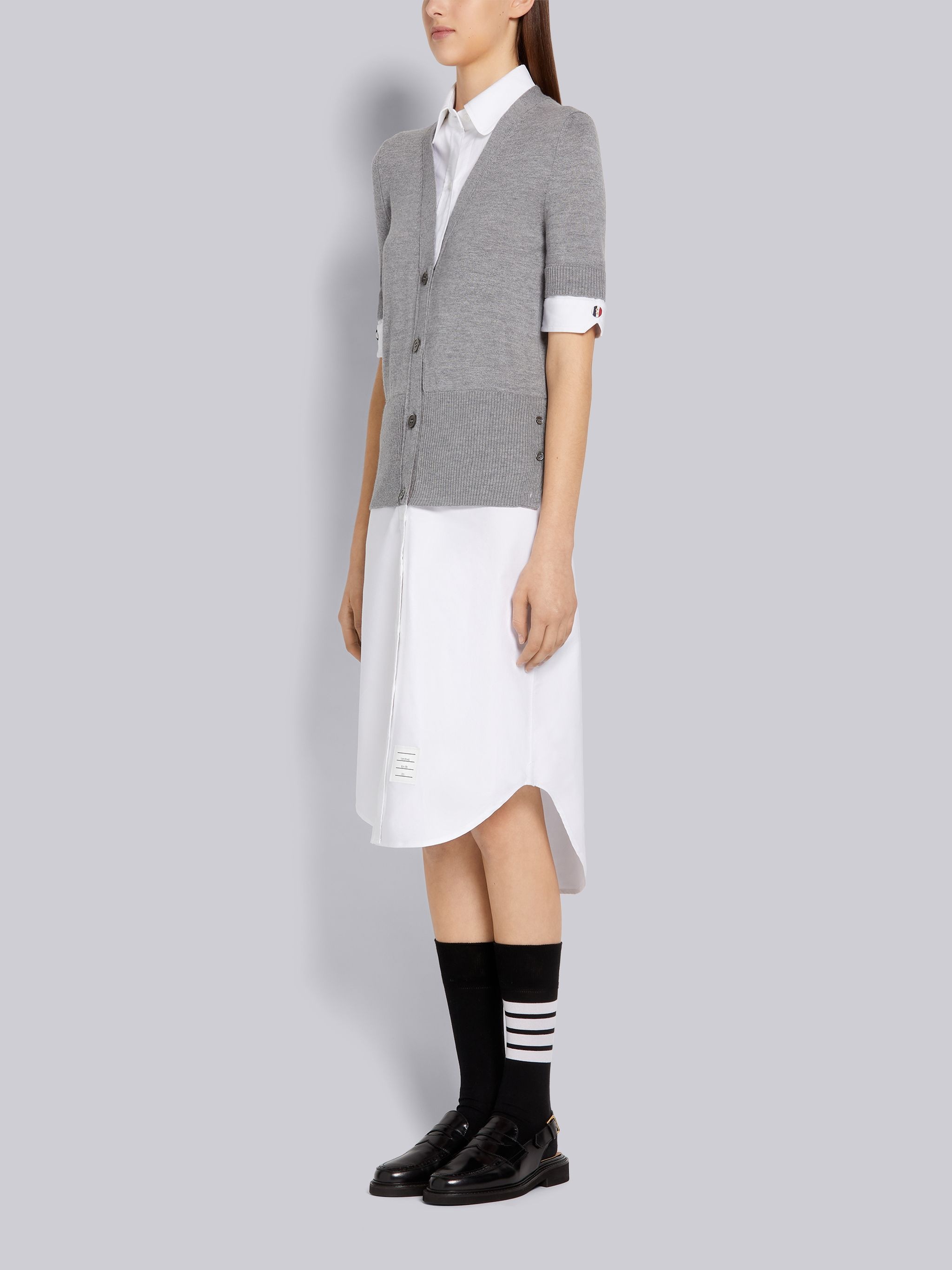 Light Grey Oxford and Fine Merino Wool V-Neck Pullover Combo Shirtdress - 2