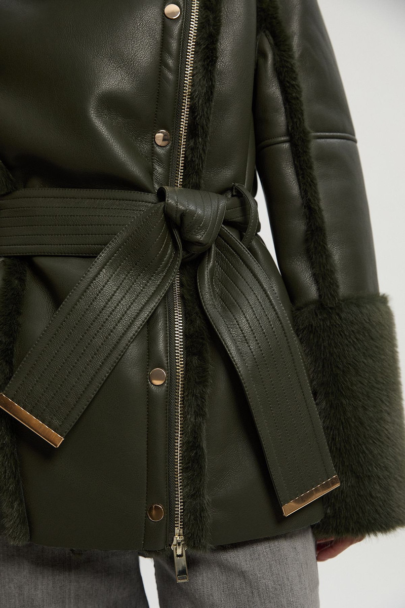 Faux Fur High Neck Belted Biker Coat 3