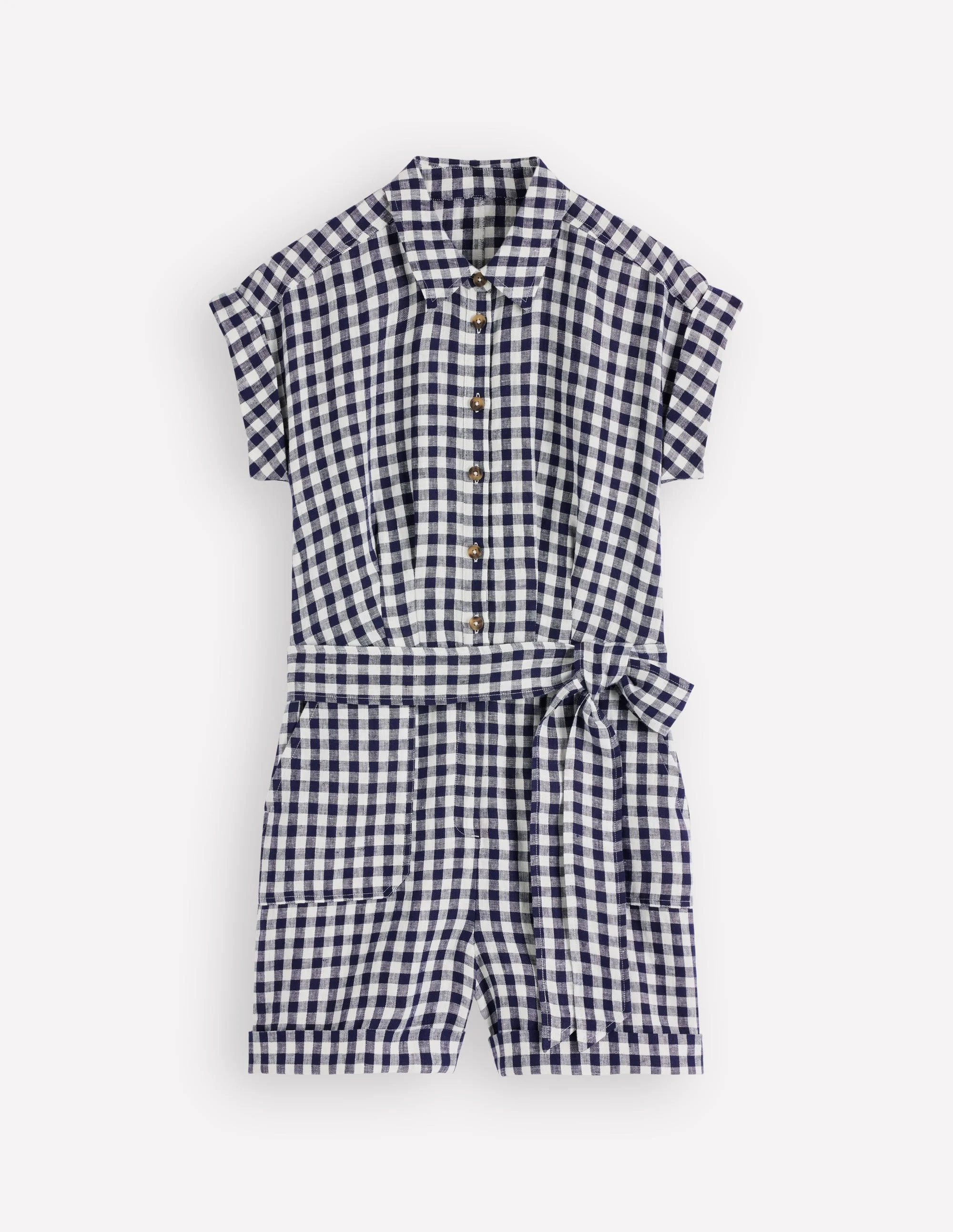 Kay Linen Playsuit-Navy, Ivory Gingham - 1