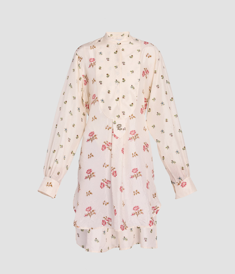 FLORAL PRINT SILK LONG SLEEVE MINI SHIRT DRESS 1