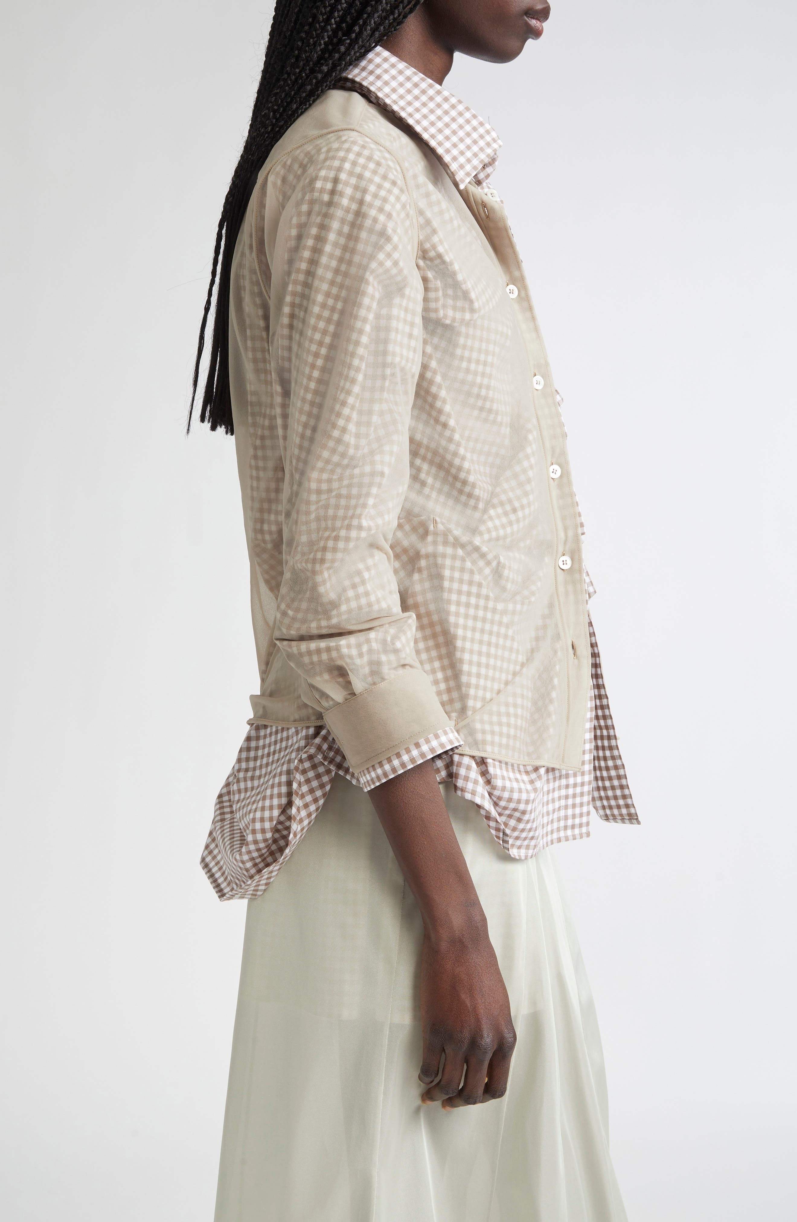Maison Margiela Layered Mixed Media Button-Up Shirt in Camel And Tan/White at Nordstrom - 4