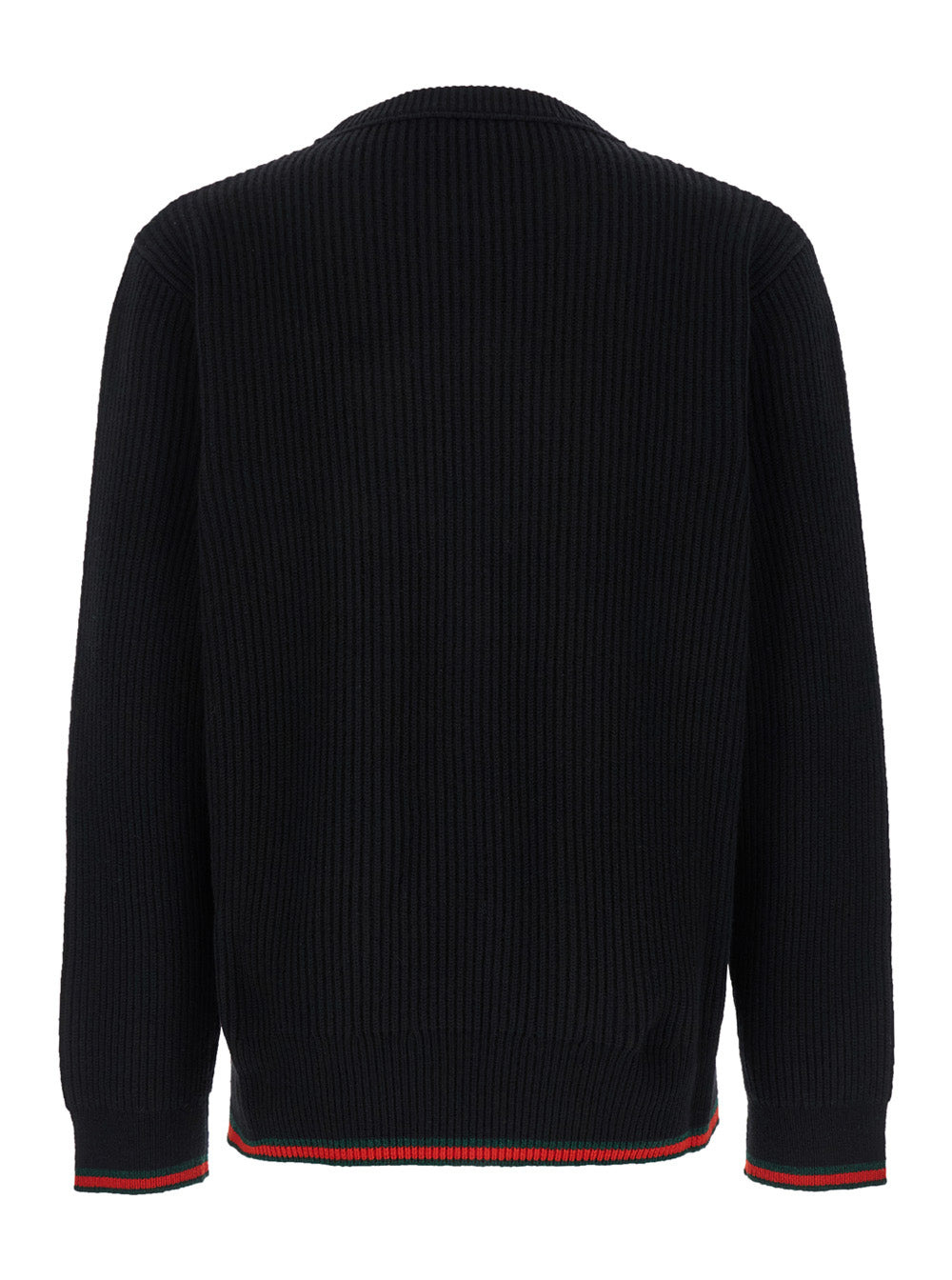 Gucci Men Black Crewneck Sweater With Web Detail In Ribbed Wool Blend Man - 2
