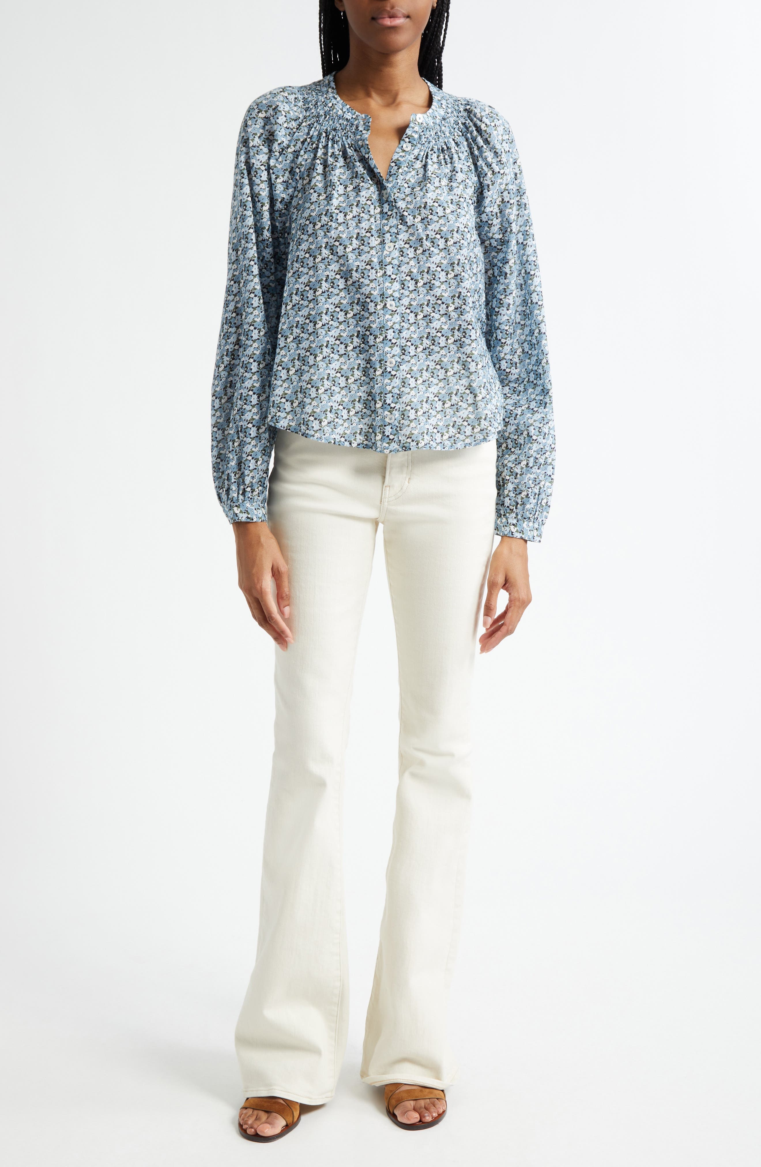 Veronica Beard Madge Floral Cotton Blend Button-Up Shirt in Lake Mist Multi at Nordstrom - 7