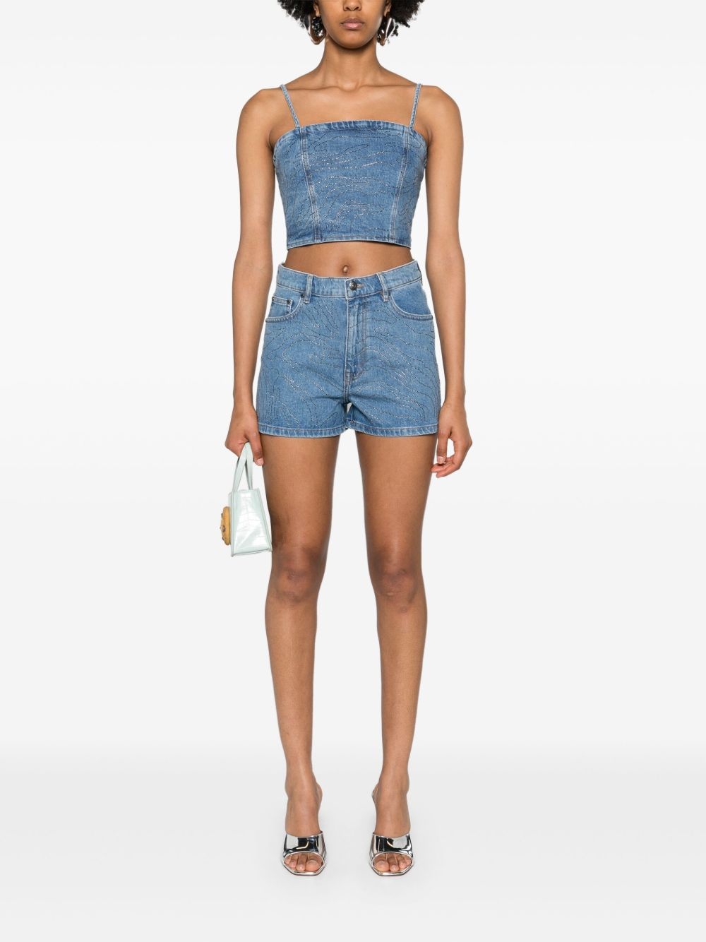 rhinestoned denim cropped top - 2