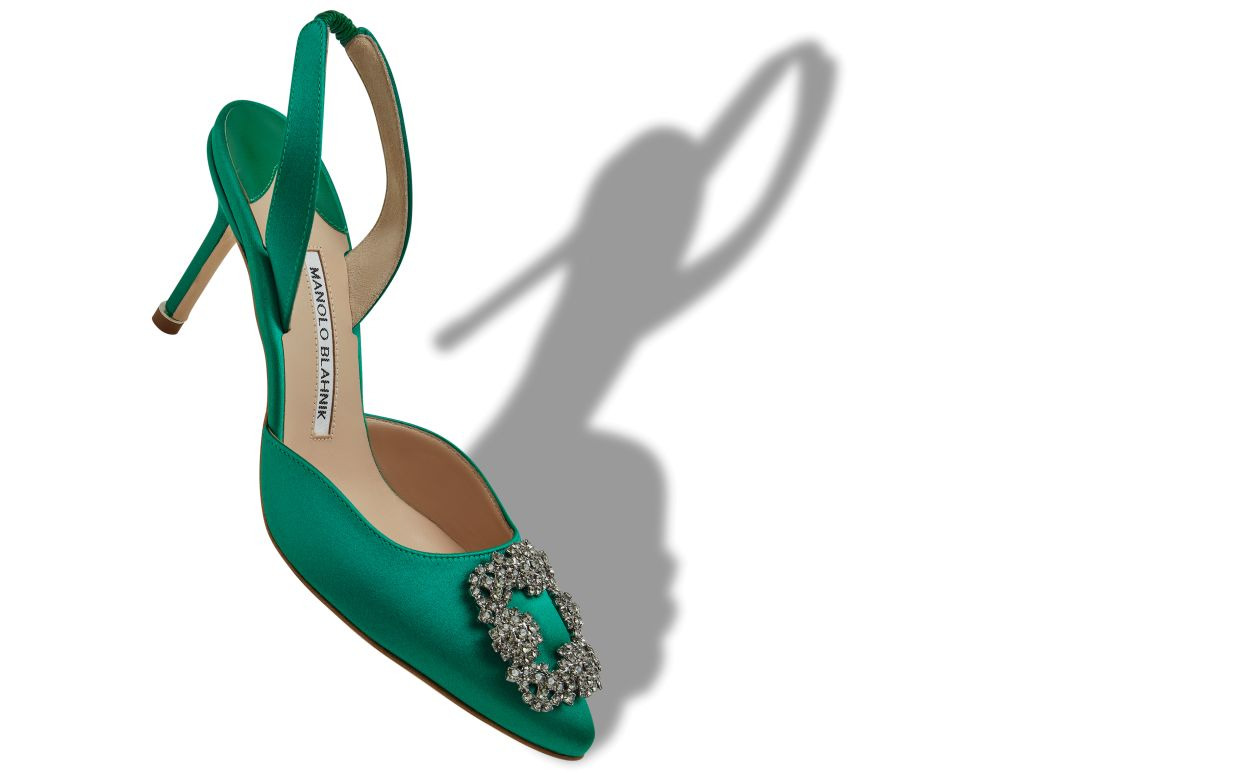 Green Satin Jewel Buckle Slingback Pumps - 2