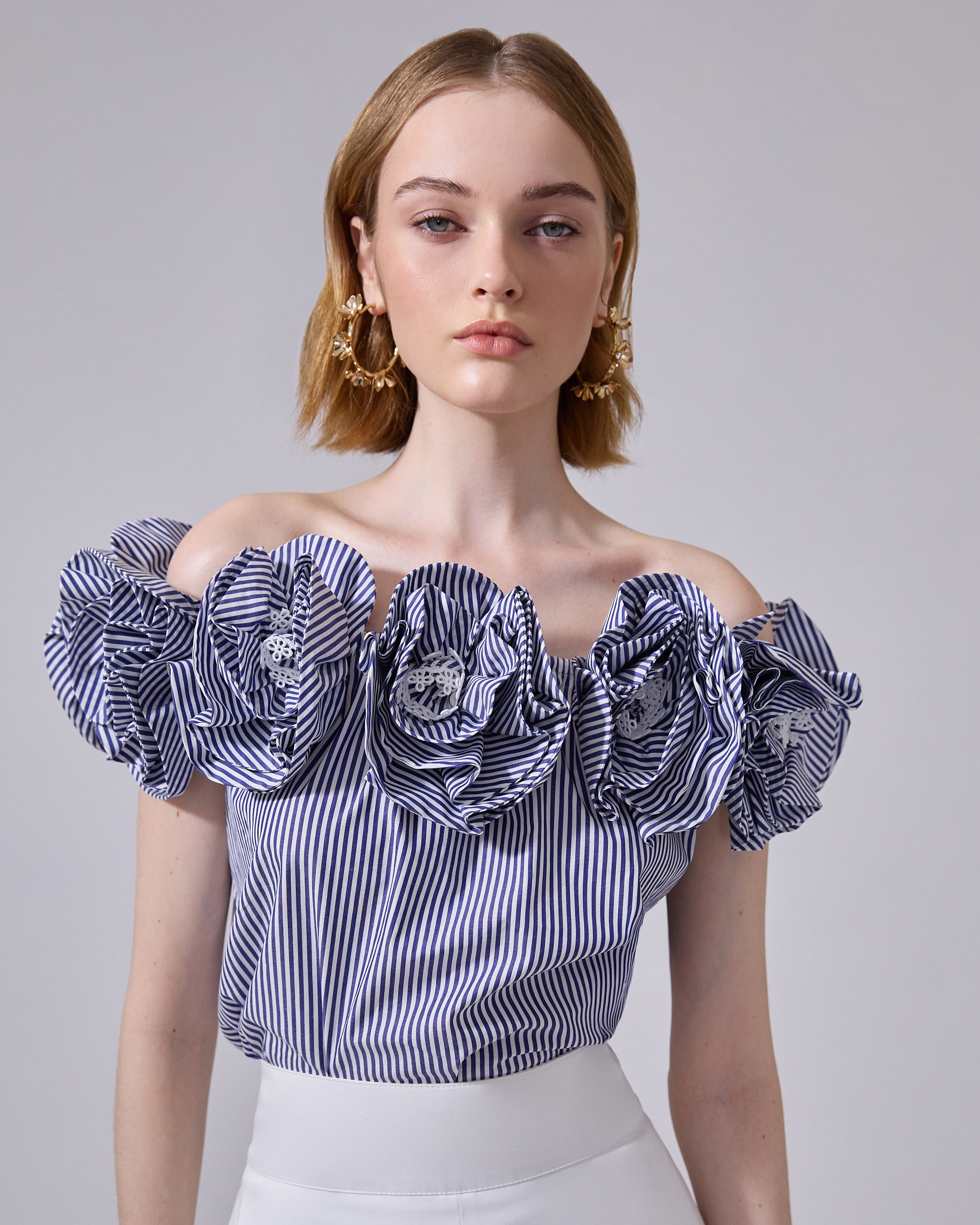 Rosette Off-Shoulder Striped Top - 4