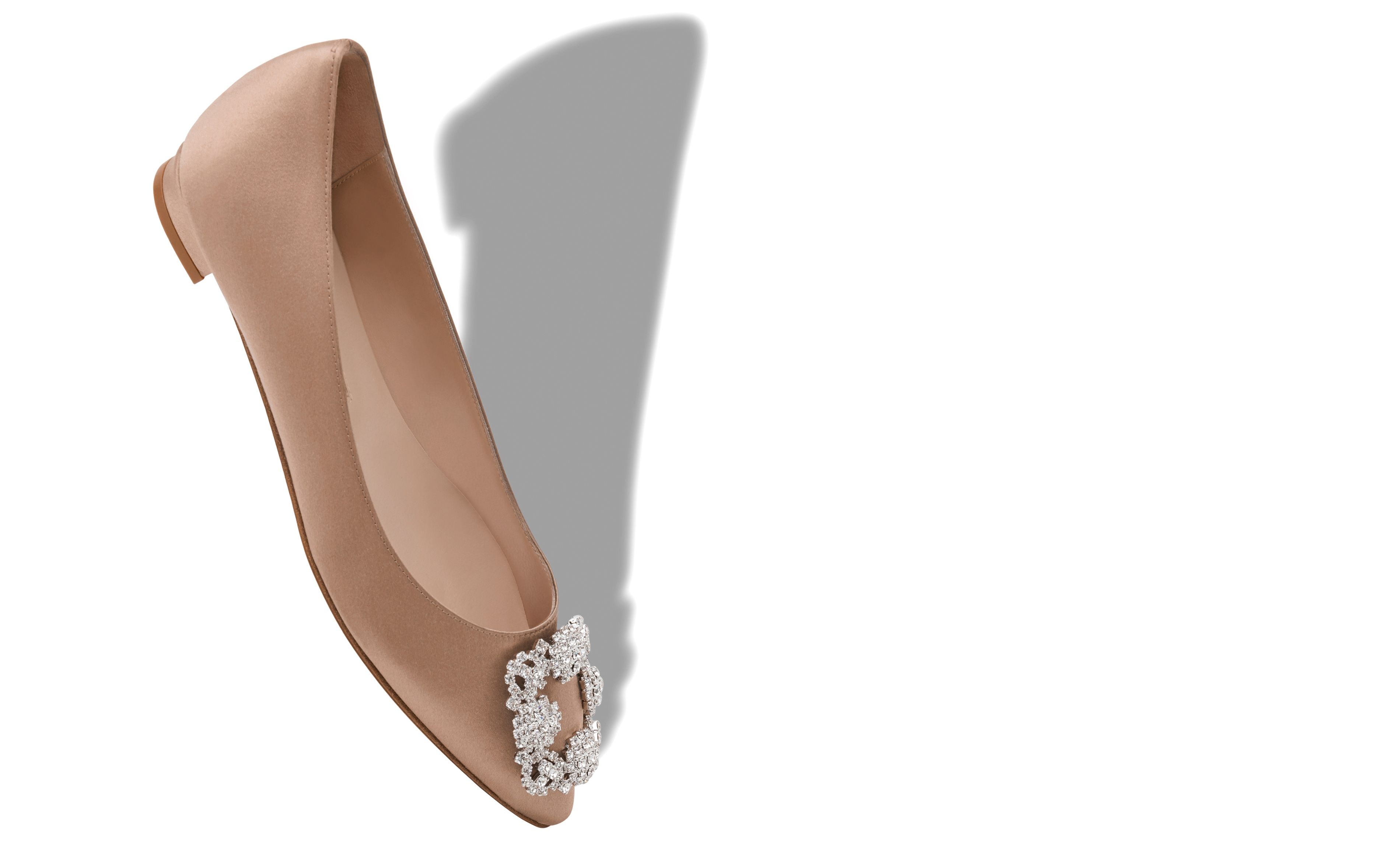 Beige Satin Jewel Buckle Flat Shoes - 2