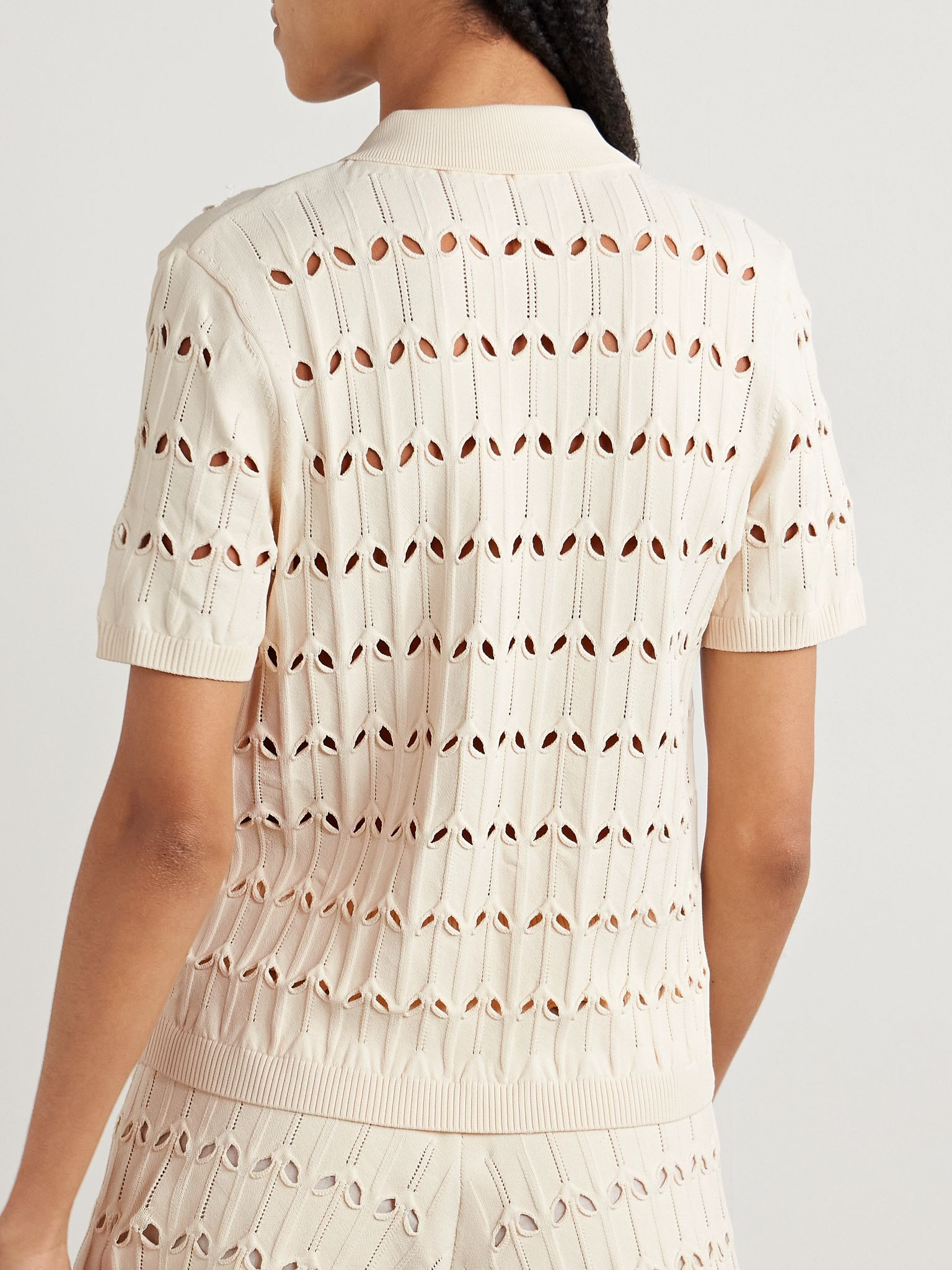 Rhiannon cutout pointelle-knit polo shirt Cream - 4