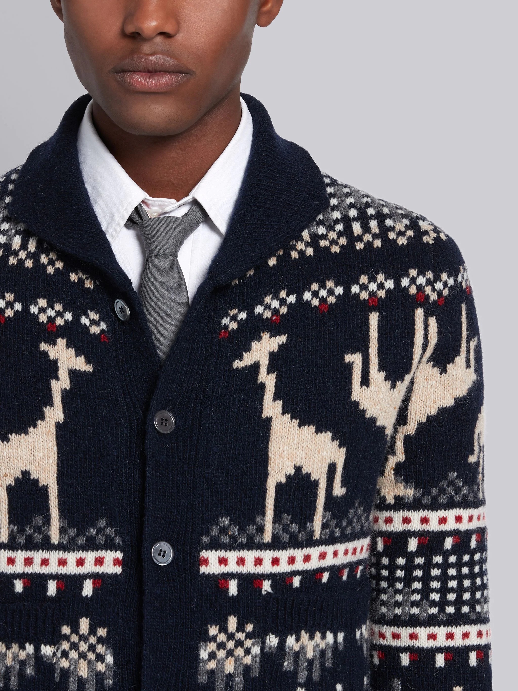 Navy Mohair Wool Tweed Giraffe Icon Fair Isle Classic Cardigan - 5