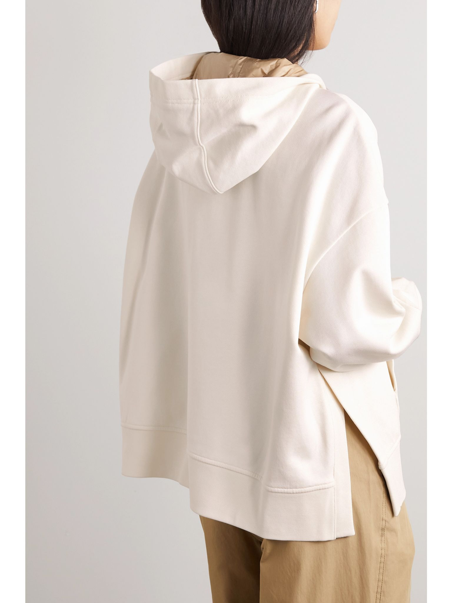 Lace-up cotton-blend jersey hoodie Cream - 4