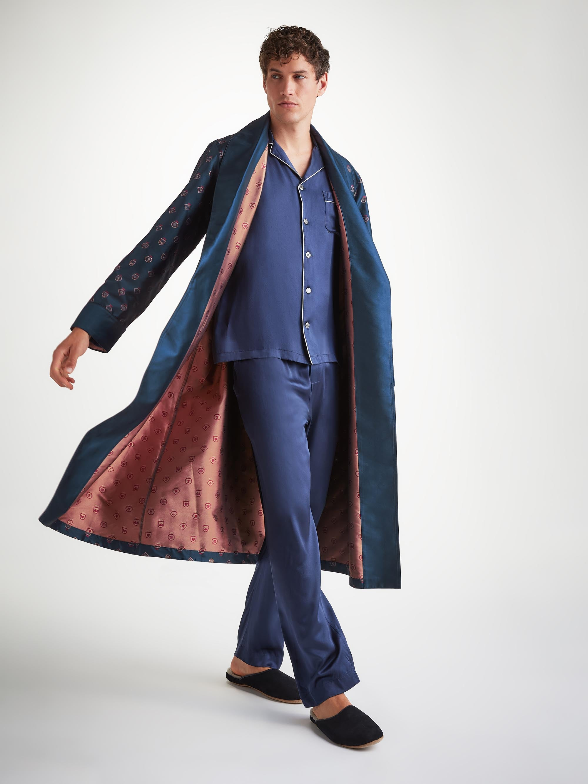 Men's Robe Silk Jacquard Navy Badge Pattern - 5
