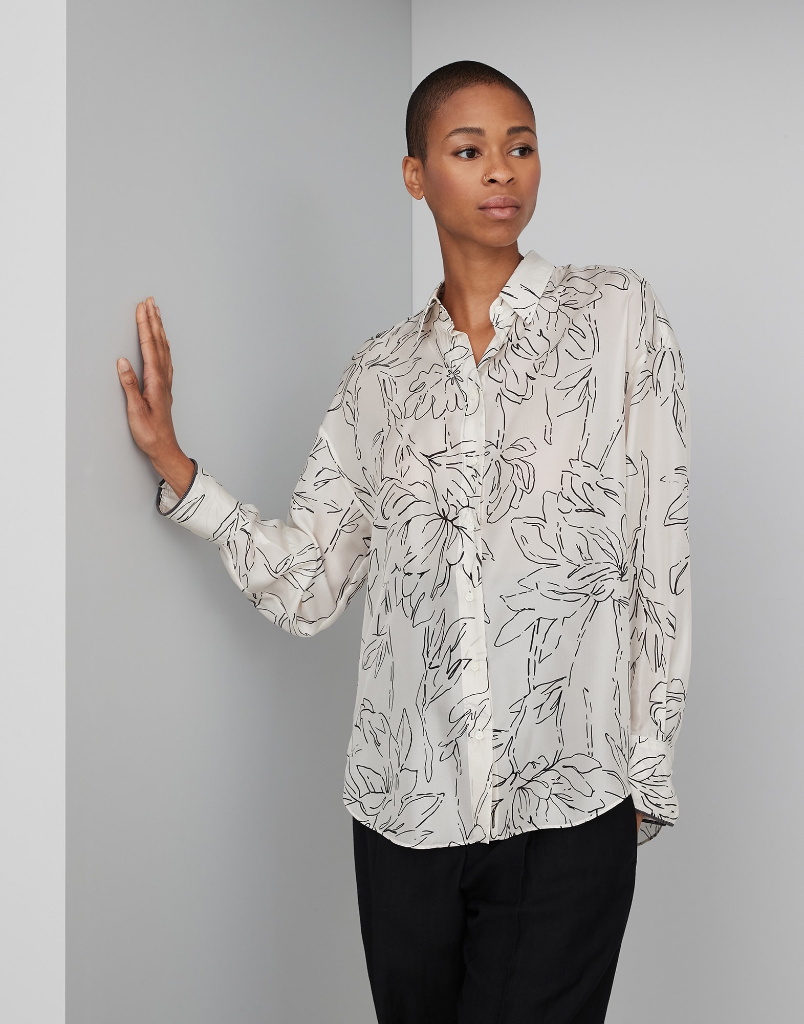 Silk ginkgo print pongée shirt with shiny cuff details - 1