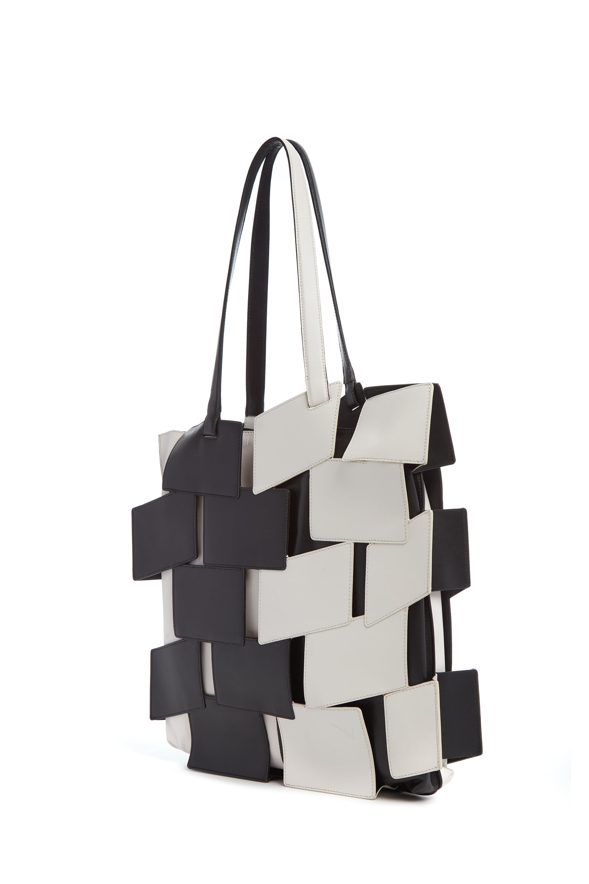Laquered Patchwork Tote Bag in Black & Ivory Leather - 3