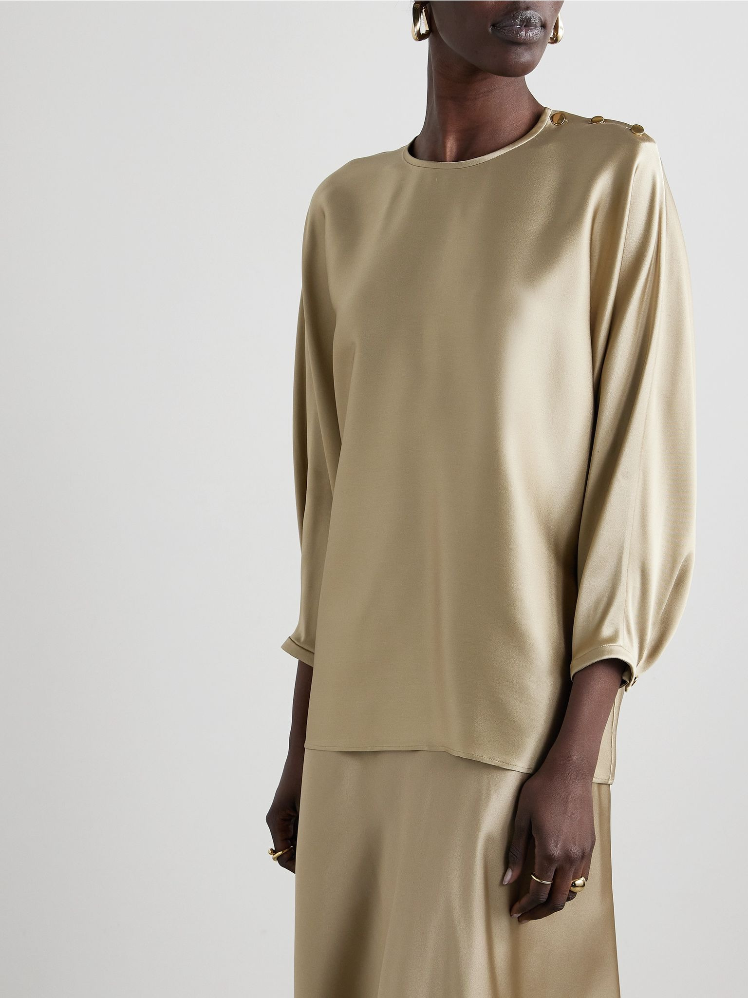 Button-detailed silk-satin top Gold - 3