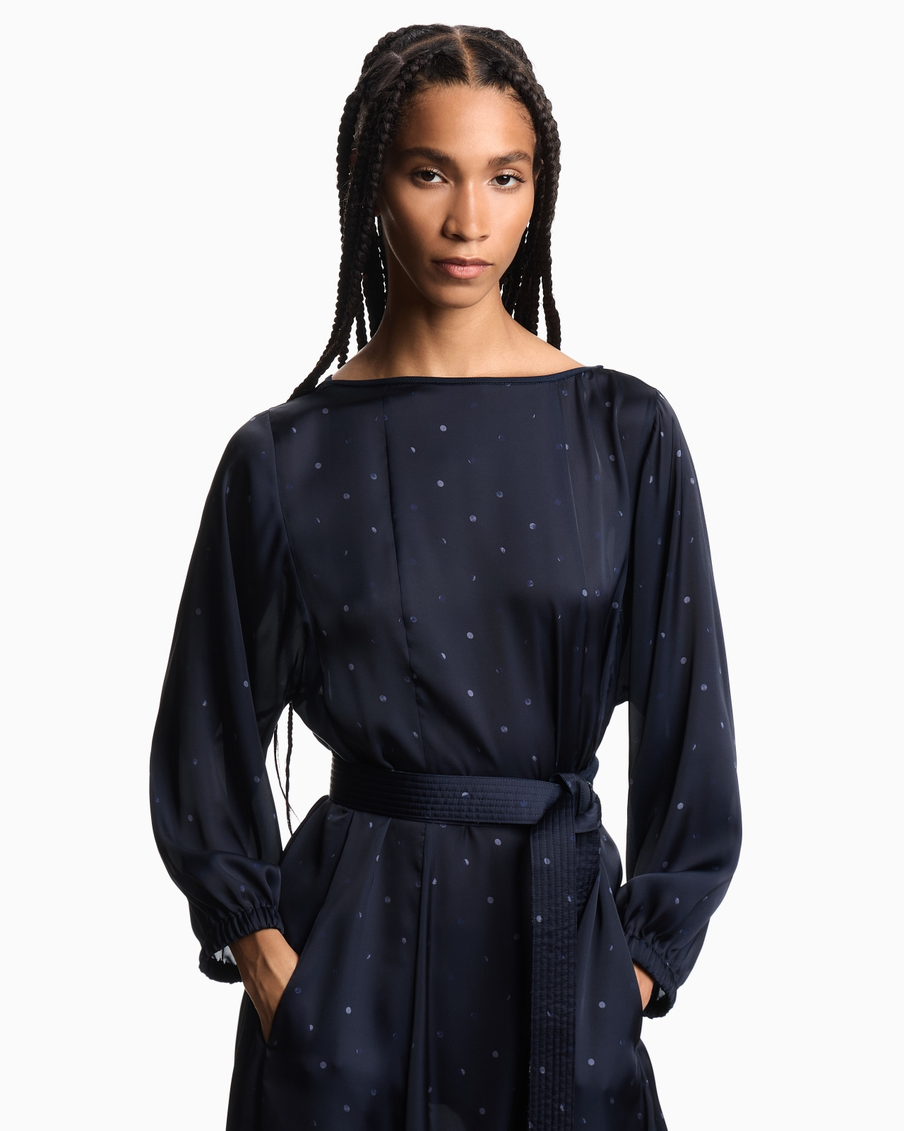 POLKA-DOT PRINT SATIN DRESS WITH BELT - 4