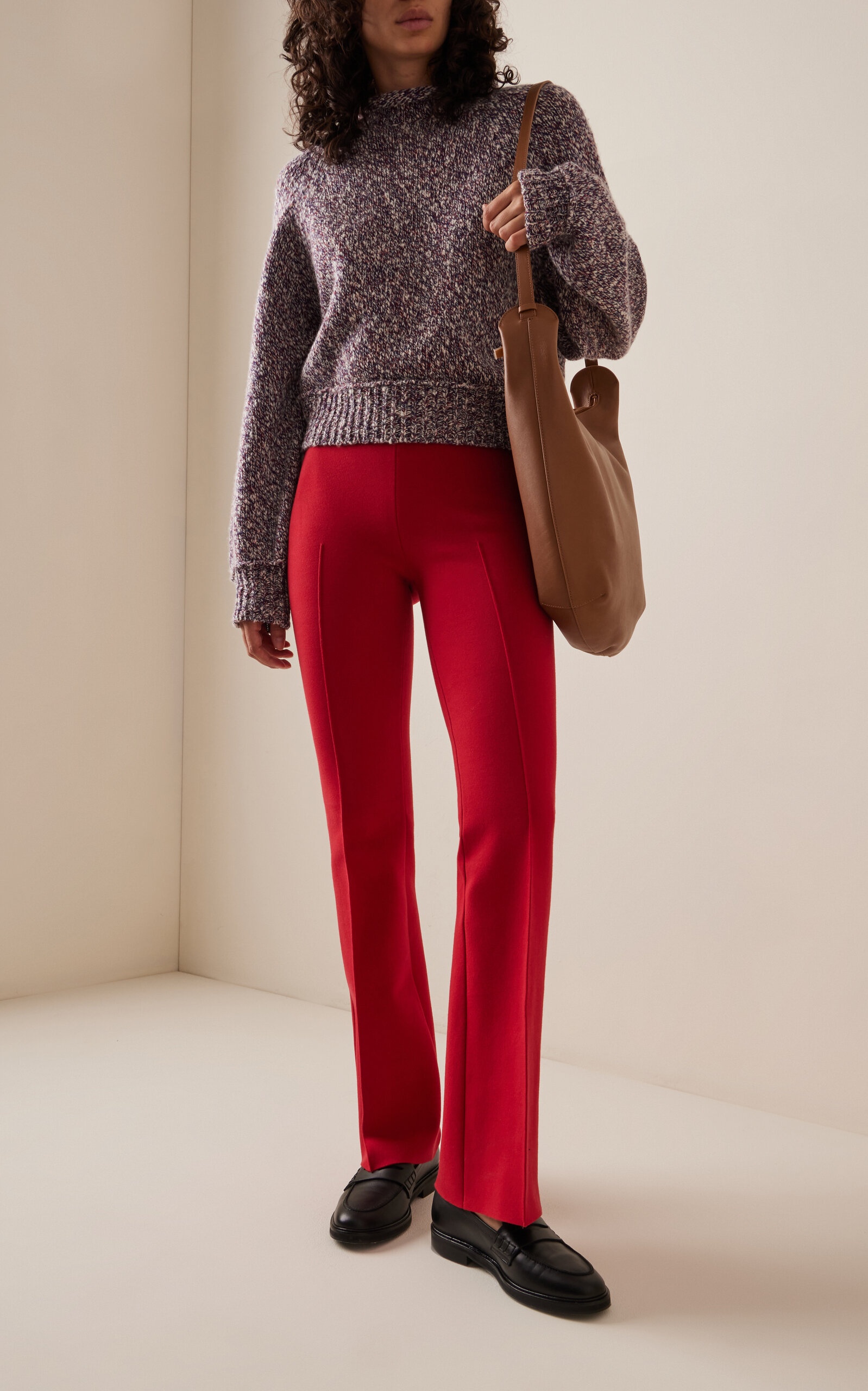 Exclusive Long Kick Flared Stretch-Cotton Knit Pants red - 2