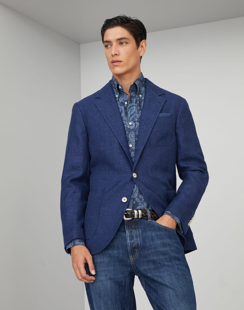 Linen, wool and silk diagonal deconstructed blazer with patch pockets 1