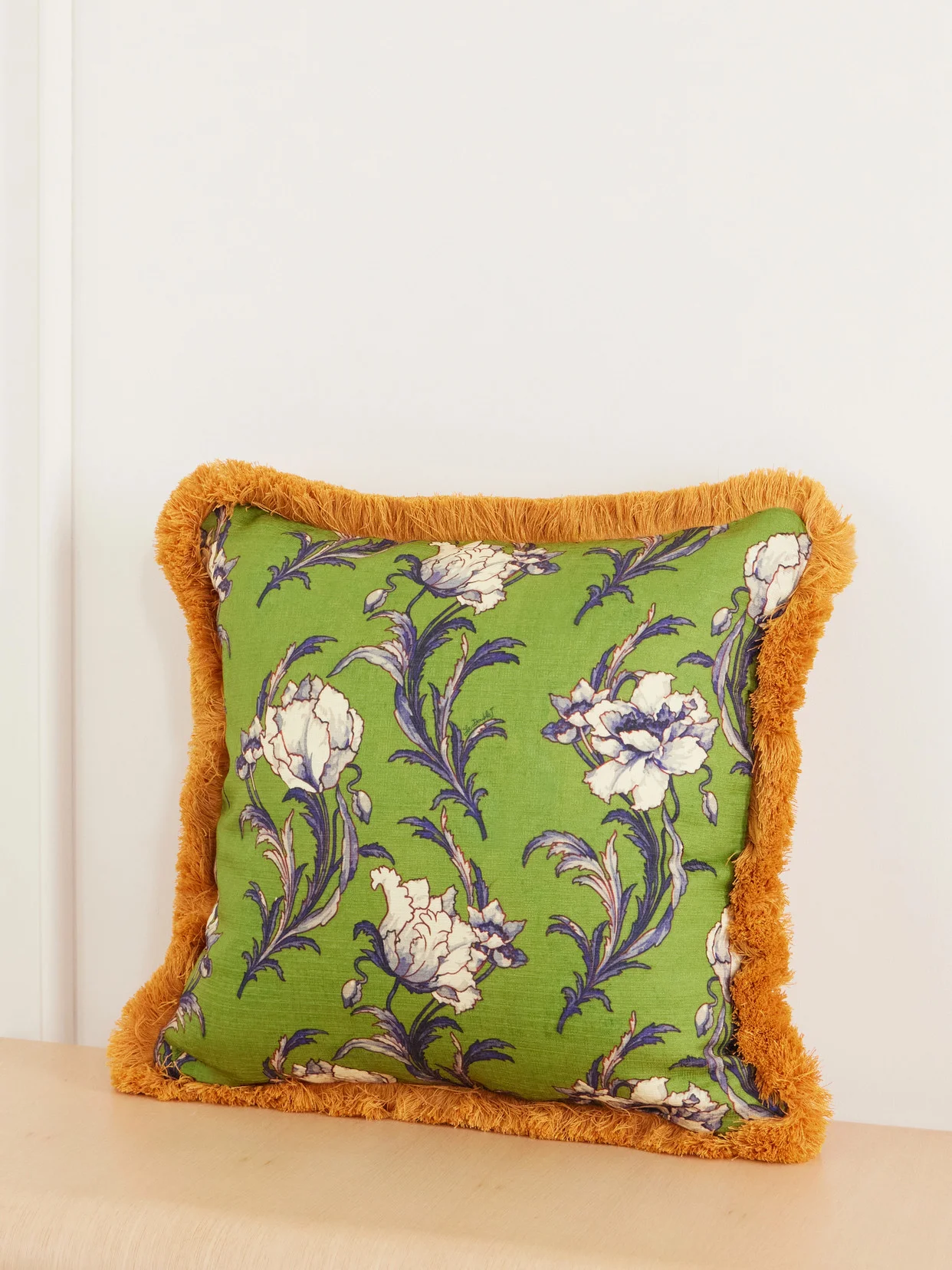 Floral-printed Fringed-trimmed Cushion - 1