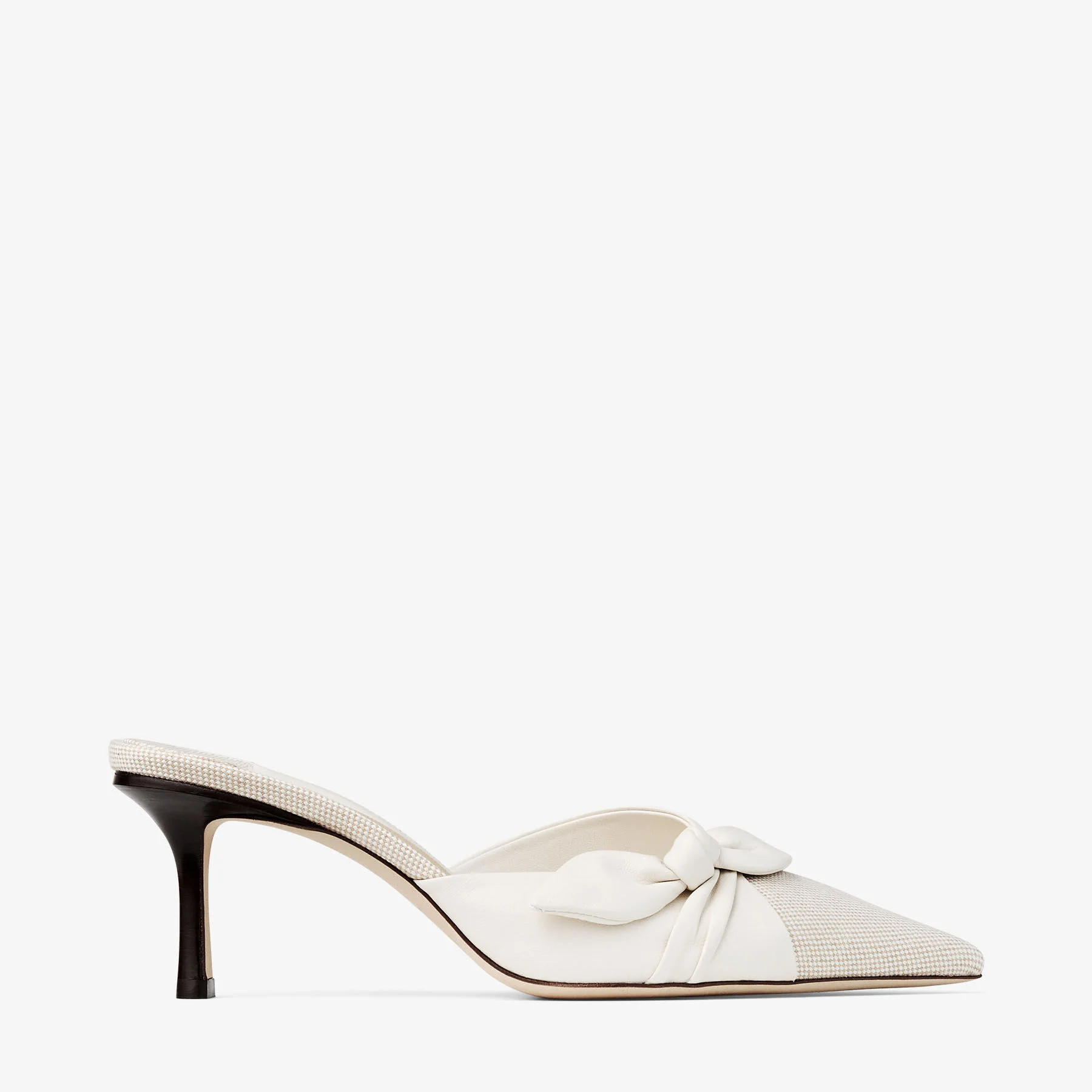 Livi 65 Almond and Latte Mix Flecked Canvas and Soft Glove Leather Mules with Nappa Leather Bow - 1