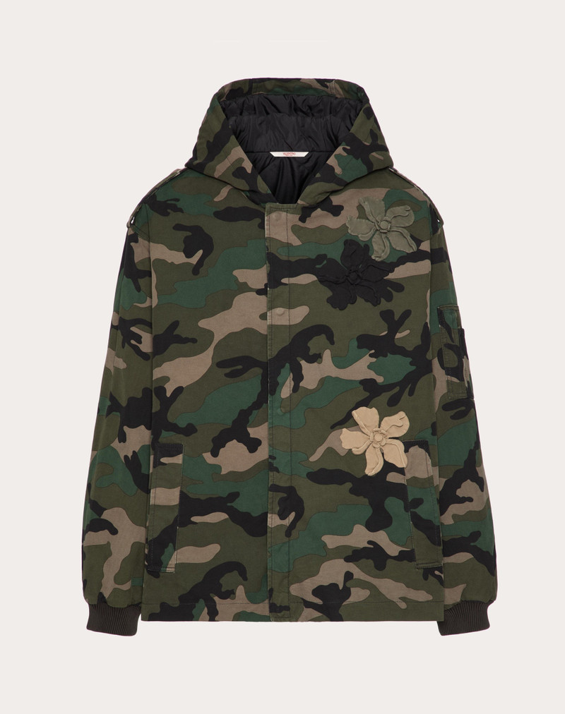 COTTON CABAN WITH HOOD AND EMBROIDERED CAMOUFLOWER PATCH 1
