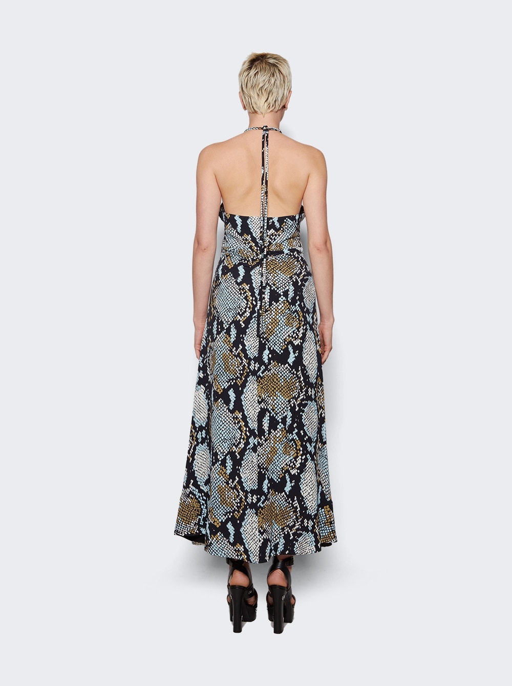 Printed Snake Crepe De Chine Halter Dress Black Multicolor - 5