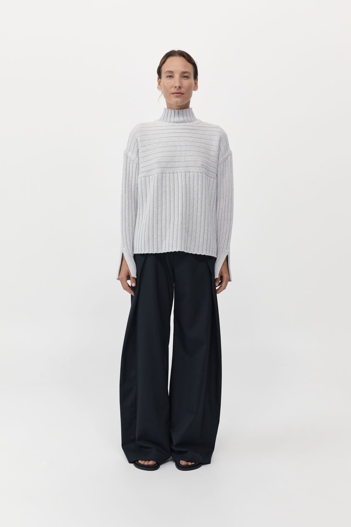 Mock Neck Rib Knit Jumper - Soft Grey - 2