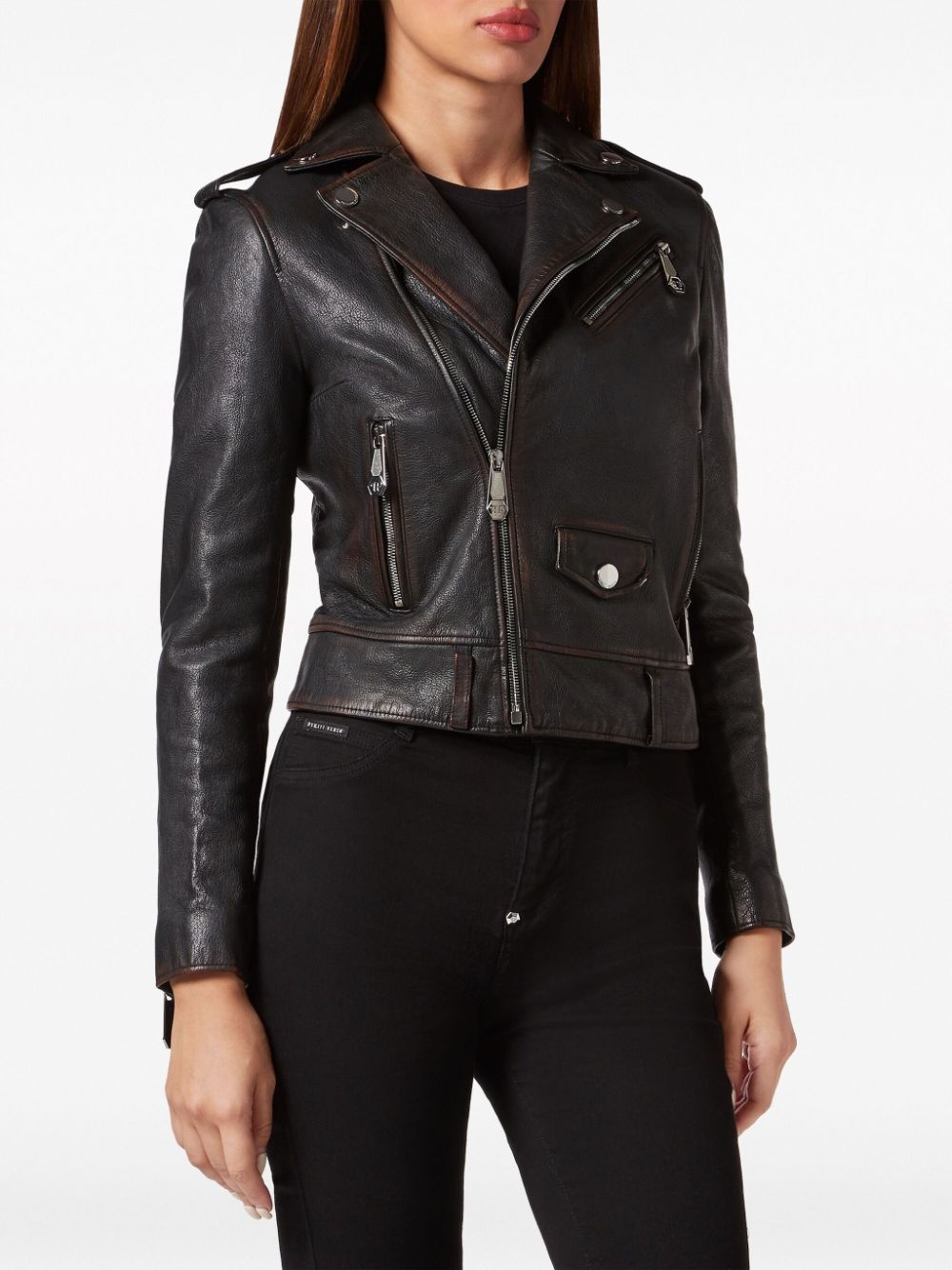 logo-patch leather biker jacket - 3
