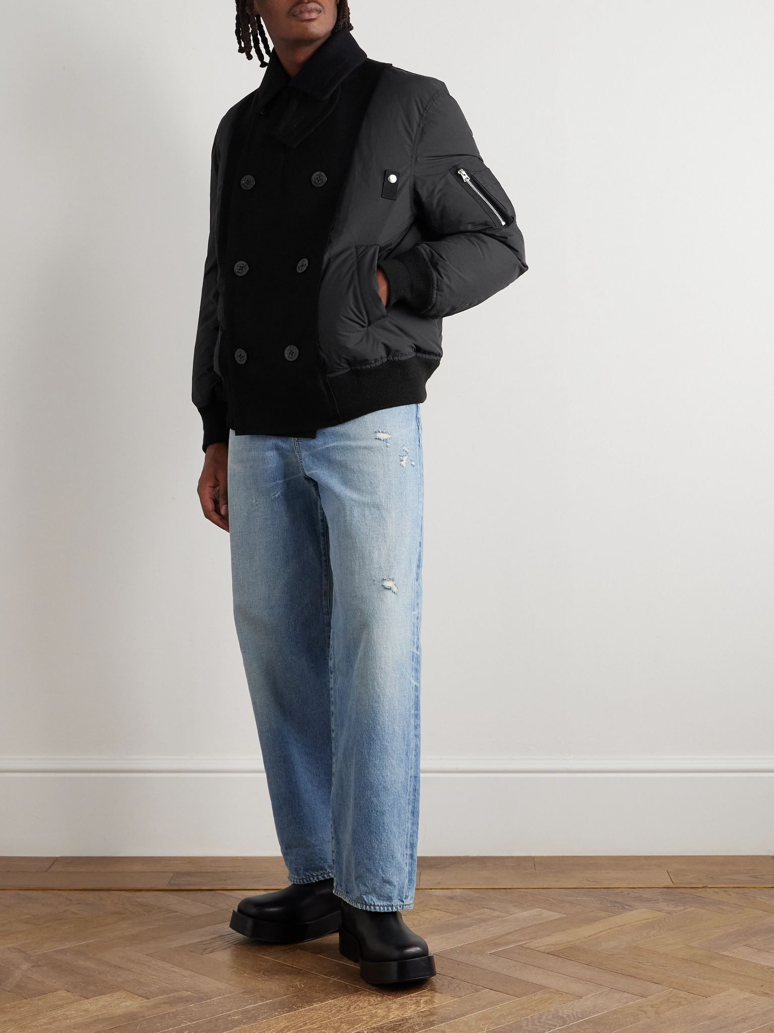 Double-Breasted Wool and Ripstop Down Bomber Jacket Black - 2