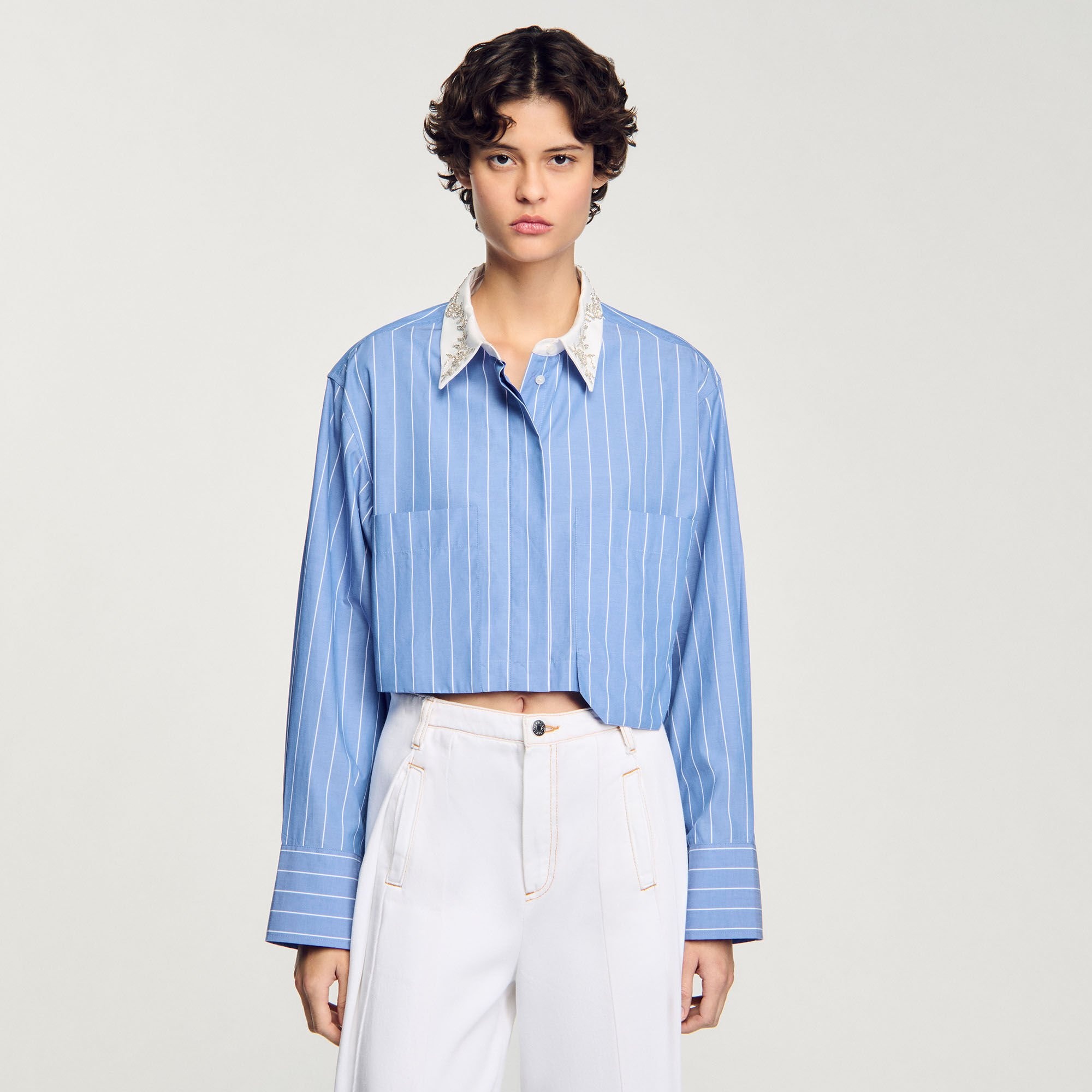 STRIPED CROPPED SHIRT WITH RHINESTONE - 4