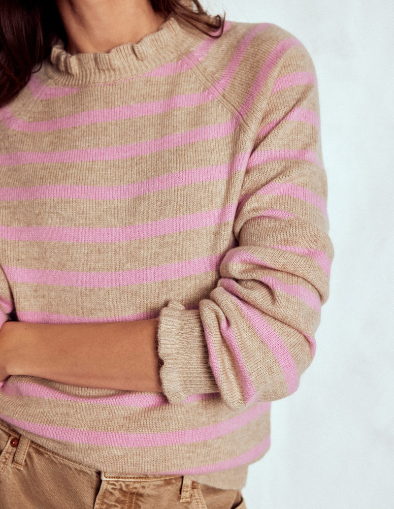 Fae Fair Isle Frilled Sweater-Camel, Pink Stripe 3
