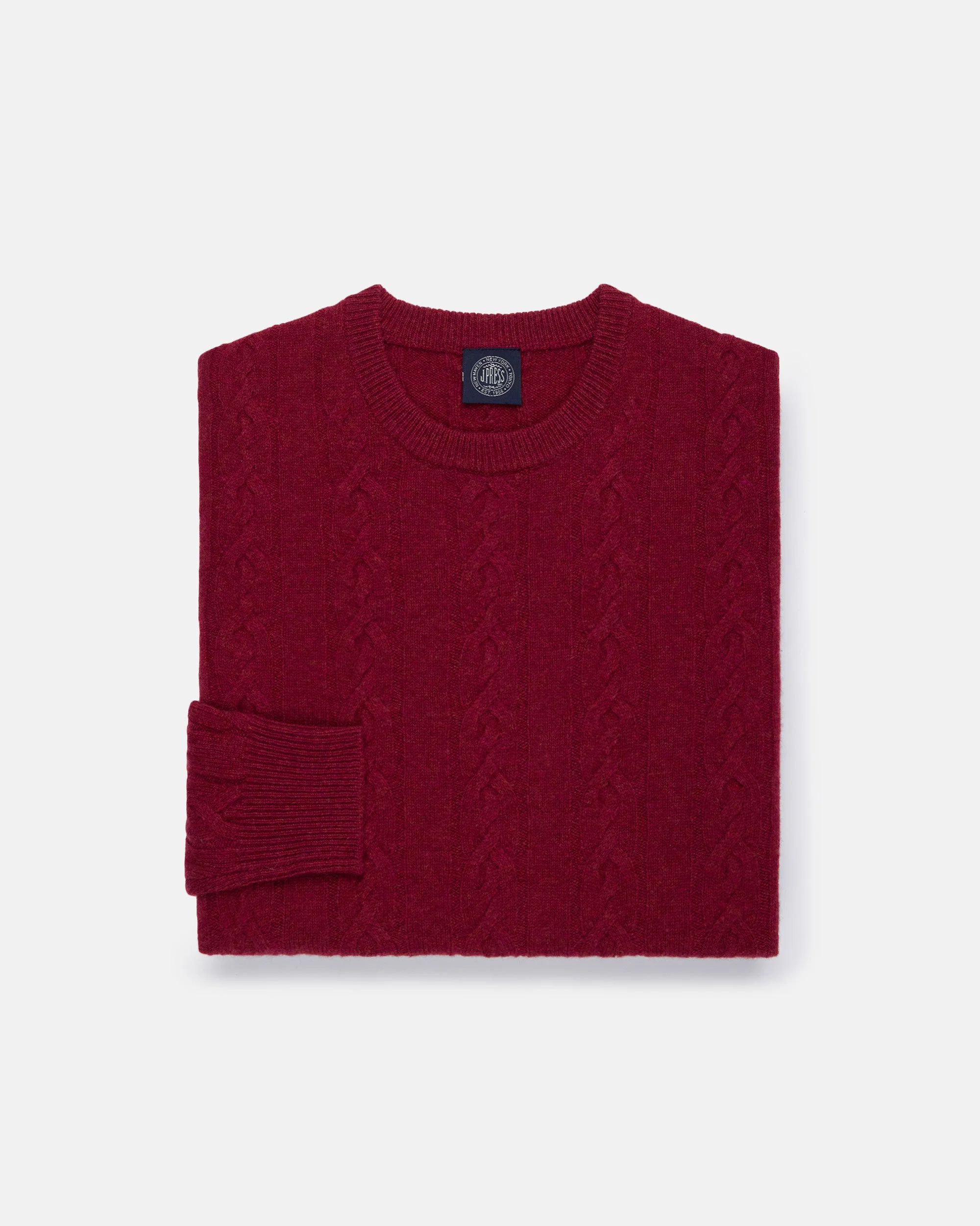 DARK RED LAMBSWOOL CABLE CREWNECK SWEATER - 1