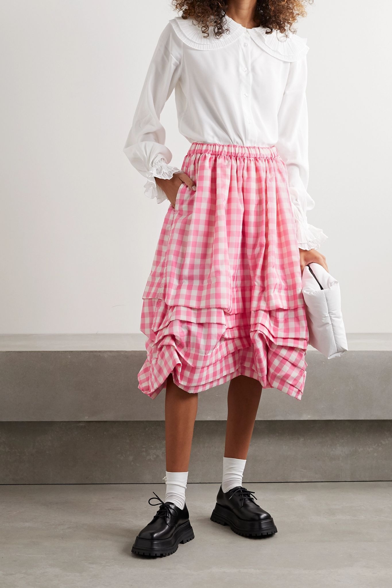 Gathered gingham shell midi skirt - 2