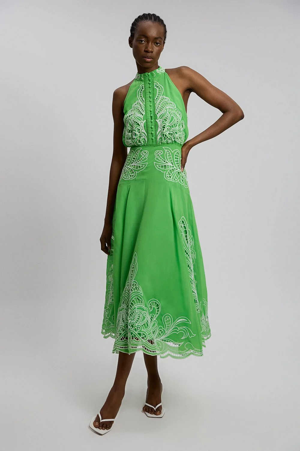 Georgette Placed Cutwork Halter Woven Midi Dress - 1