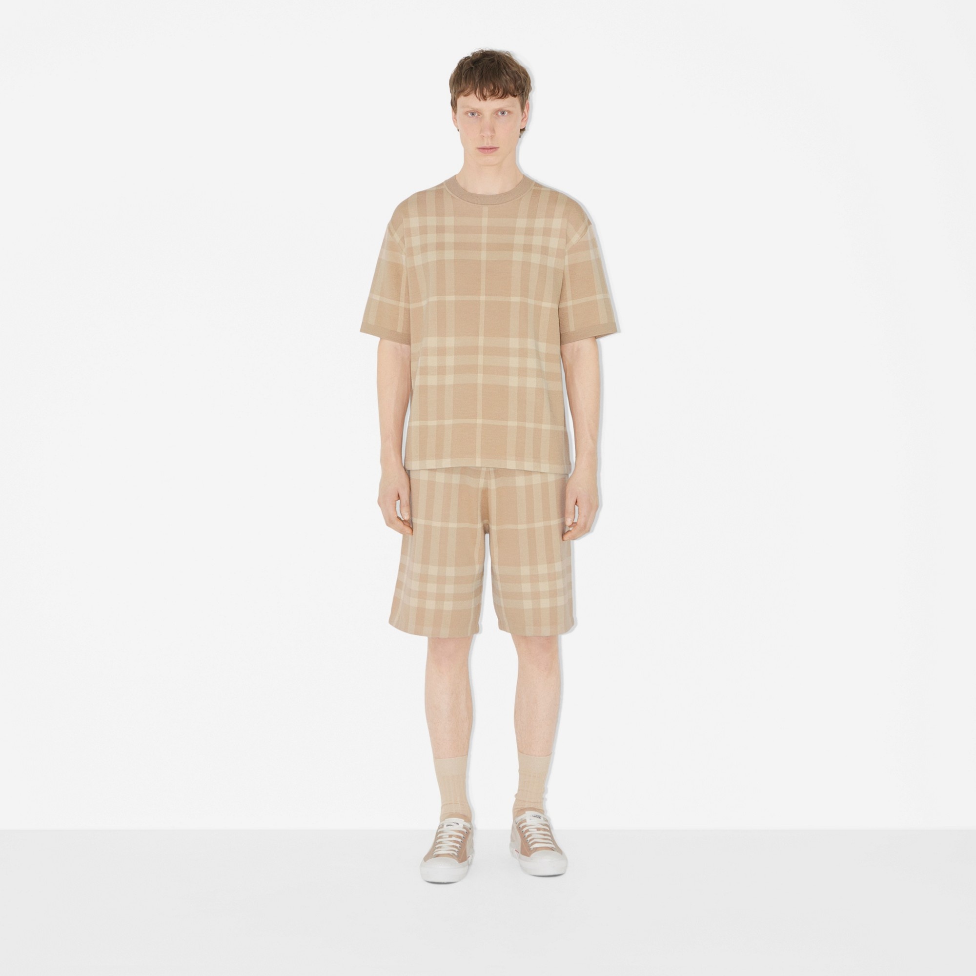 Short-sleeve Check Silk Wool Jacquard Top - 2