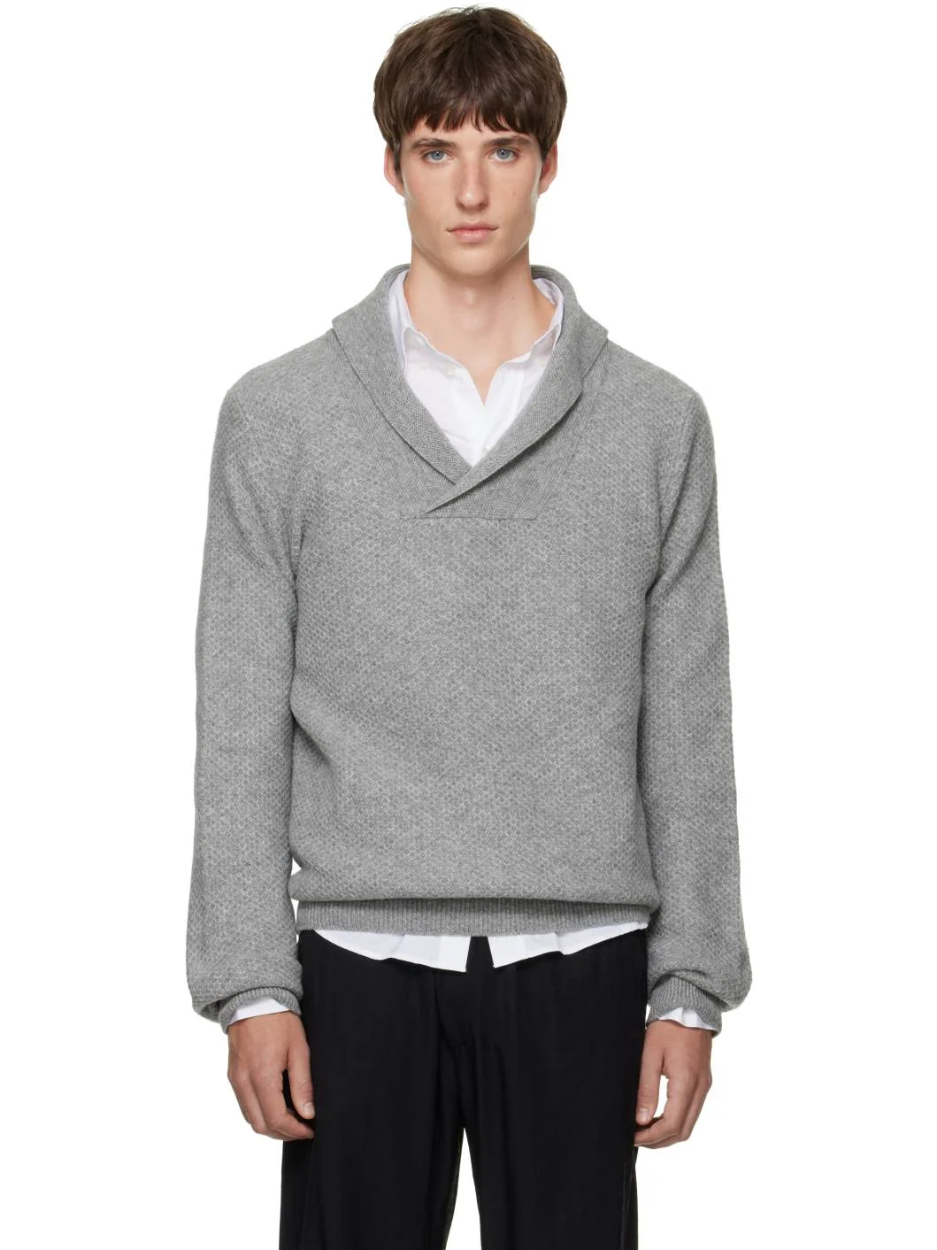 Gray Shawl Collar Knit Sweater - 1