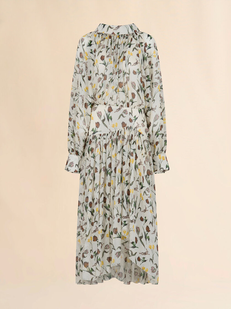 CREAM CHIFFON DRESS WITH TULIPS AND HARES PRINT 1