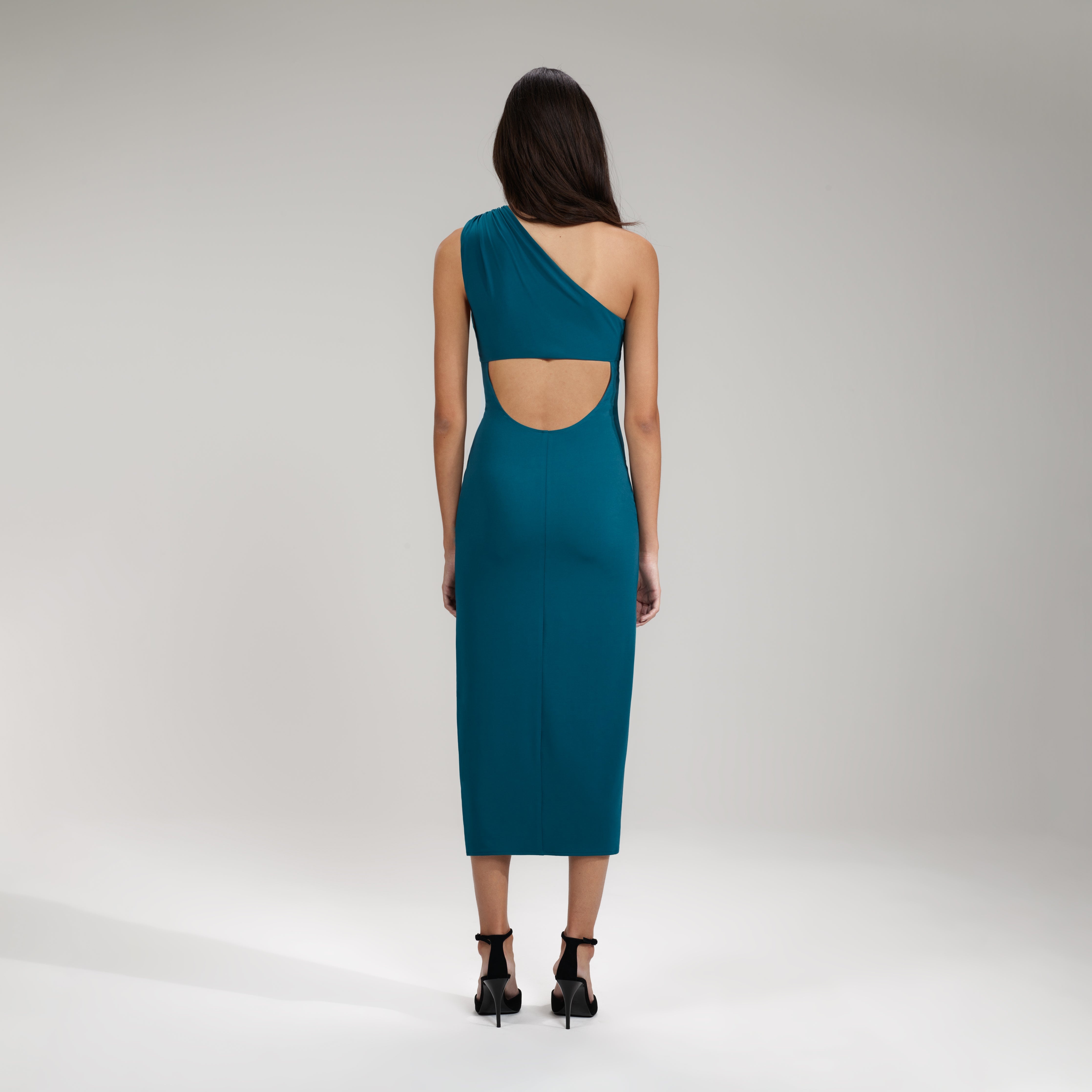 Green Jersey One Shoulder Ruched Midi Dress - 3