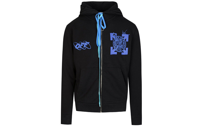 Off-White Off-White Blue Pattern Hooded Jacket Black OMBE001F19E300171030 outlook